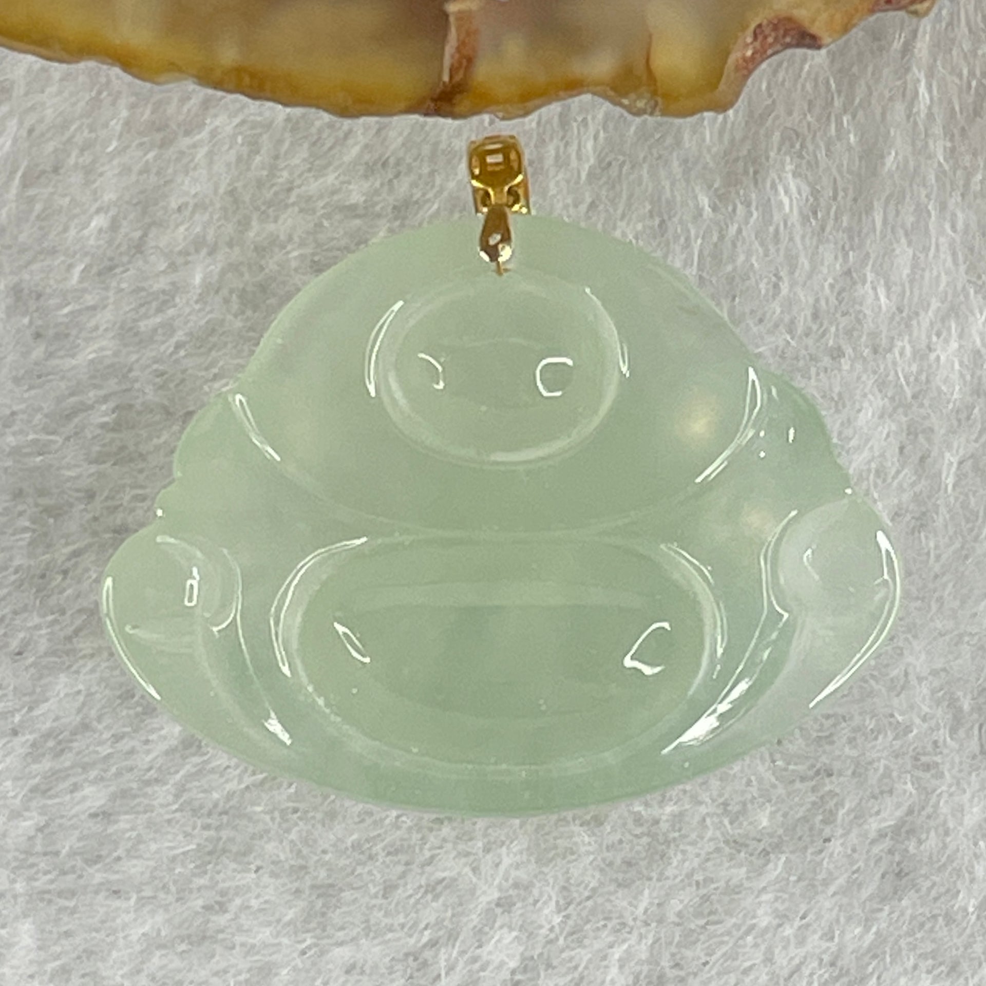 Natural Type A Semi Icy Sky Blue Jadeite Milo Buddha Pendant in 18K Yellow Gold Clasp 4.6g 18.1 by 24.0 by 7.2mm - Huangs Jadeite and Jewelry Pte Ltd