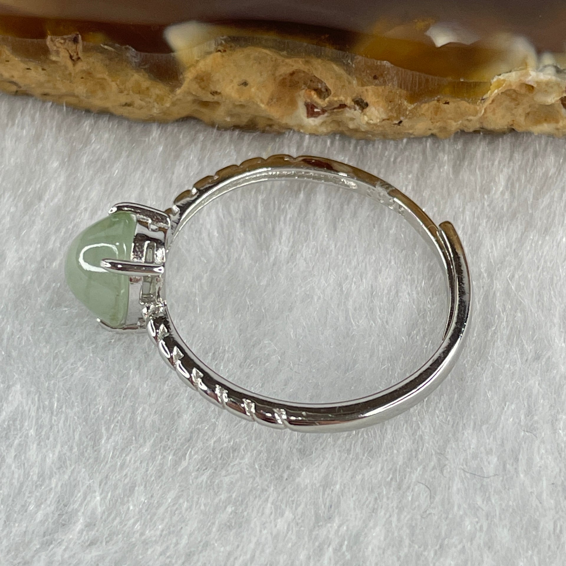 Natural Type A Semi Icy Faint Green Jadeite Oval Shape Cabouchon in S925 Silver Ring (Adjustable Size) 1.57g 7.7 by 6.9 by 5.0mm - Huangs Jadeite and Jewelry Pte Ltd