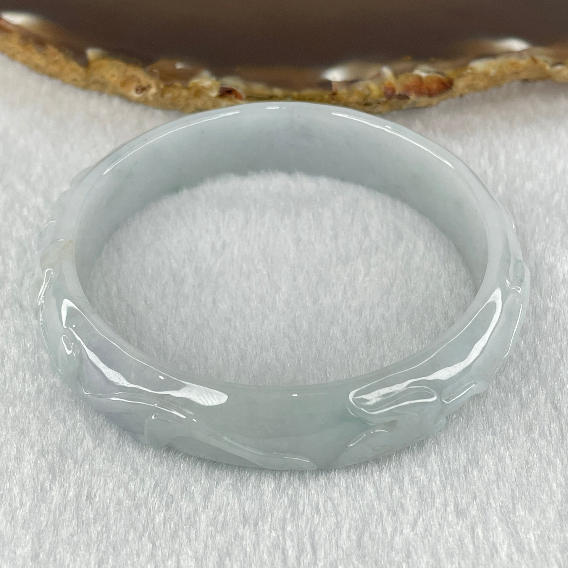 Type A Faint Blueish Green with Faint Lavender Patches Jadeite Flower and Leaf Bangle 43.09g Internal Diameter 58.12mm 13.4 by 7.4mm (External Lines) - Huangs Jadeite and Jewelry Pte Ltd