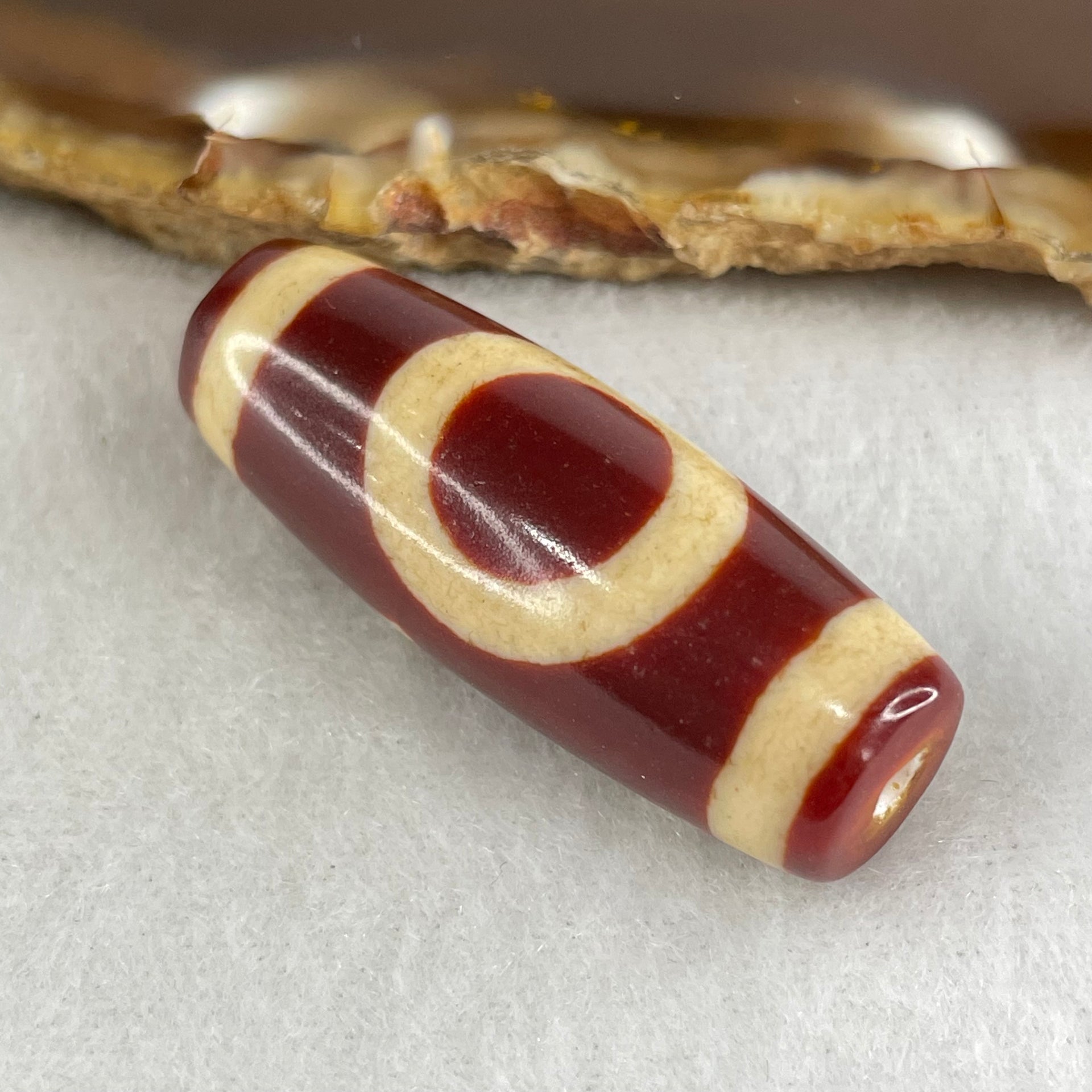 Natural Powerful Tibetan Old Oily Red White Agate One Eye Gold Metal Element Dzi Bead Heavenly Master (Tian Zhu) 一眼金天珠 10.96g 37.5 by 13.5mm - Huangs Jadeite and Jewelry Pte Ltd