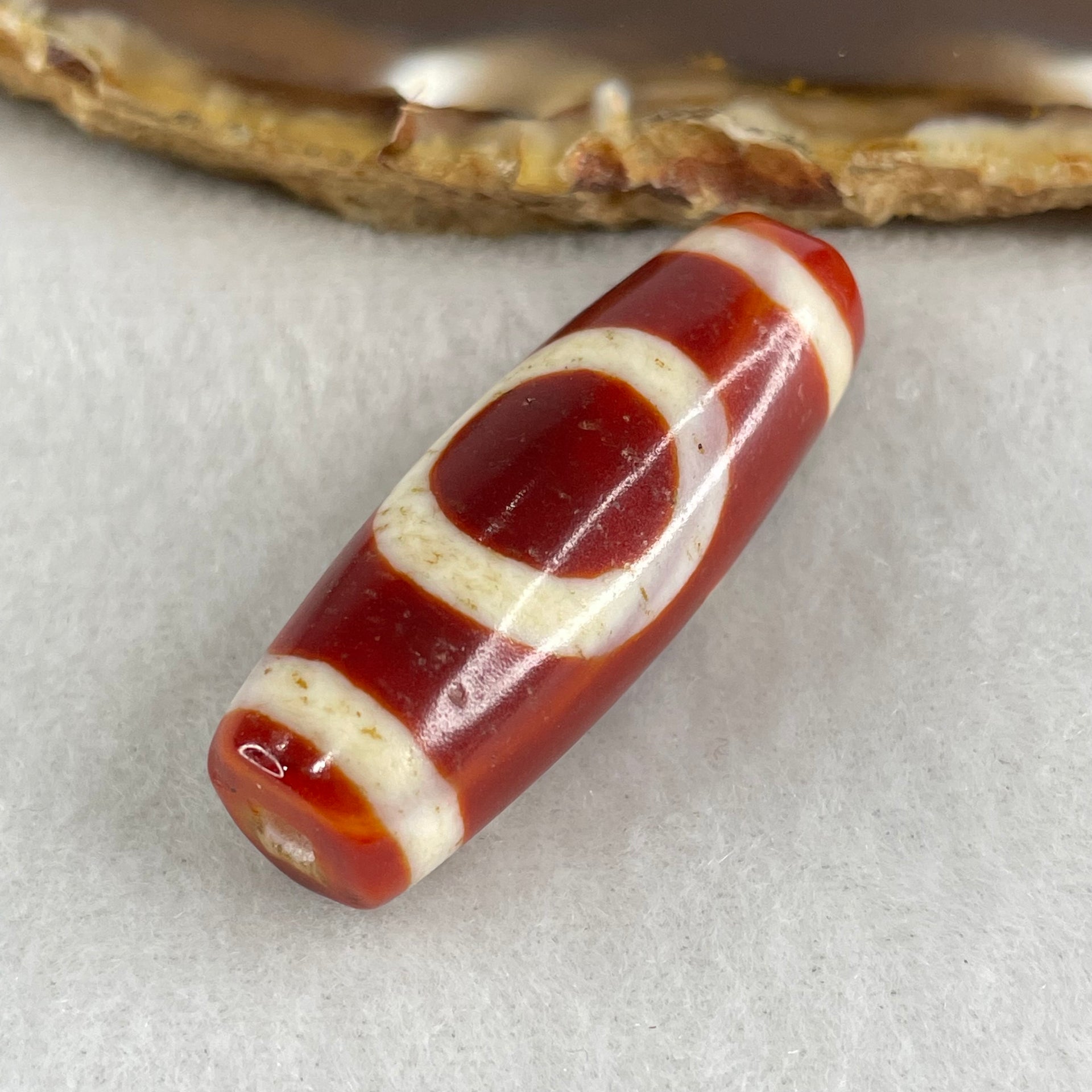 Natural Powerful Tibetan Old Oily Red White Agate One Eye Gold Metal Element Dzi Bead Heavenly Master (Tian Zhu) 一眼金天珠 10.81g 38.0 by 13.5mm - Huangs Jadeite and Jewelry Pte Ltd