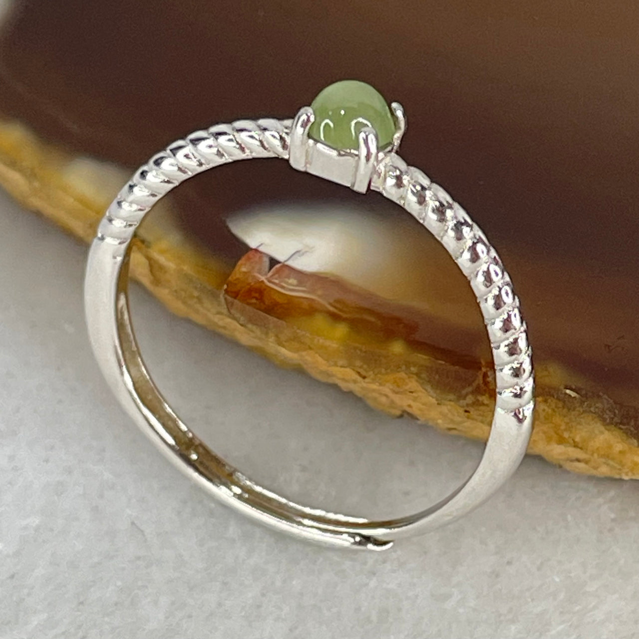 Type A Semi Icy Green Cabochon Jadeite in S925 Sliver Ring (Adjustable Size) 0.98g 3.5 by 1.8mm - Huangs Jadeite and Jewelry Pte Ltd