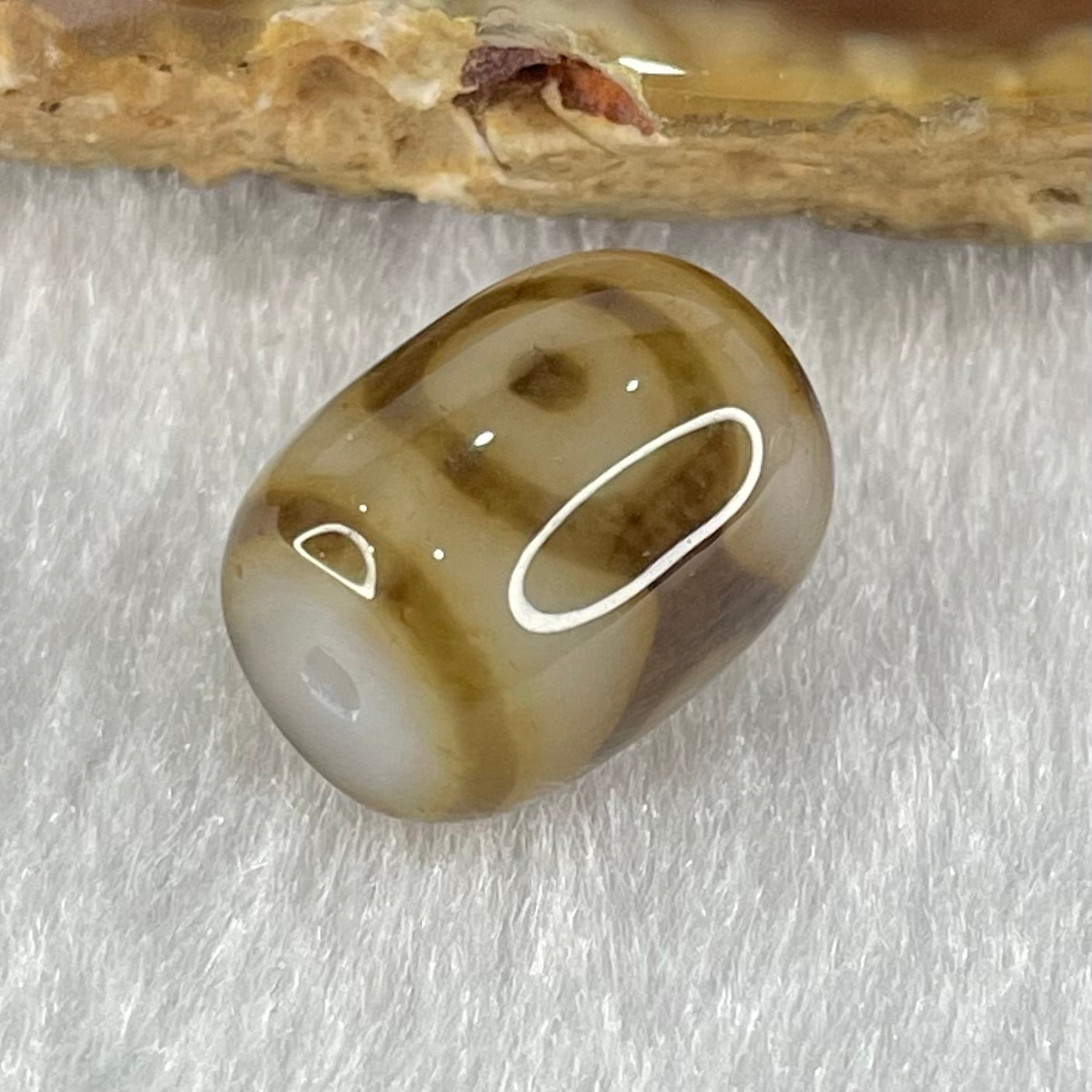 Natural Powerful Tibetan Old Oily Dark and Light Brown Agate 3 Eyes Dzi Bead Heavenly Master (Tian Zhu) 三眼天诛 2.74g 13.7 by 10.7mm - Huangs Jadeite and Jewelry Pte Ltd