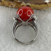 Rare Exceptional Grade Natural Round Red Coral 16.2mm with Natural Diamonds in PT900 Platinum Ring D0.85ct Total 16.2g US6.75 HK14.5 - Huangs Jadeite and Jewelry Pte Ltd