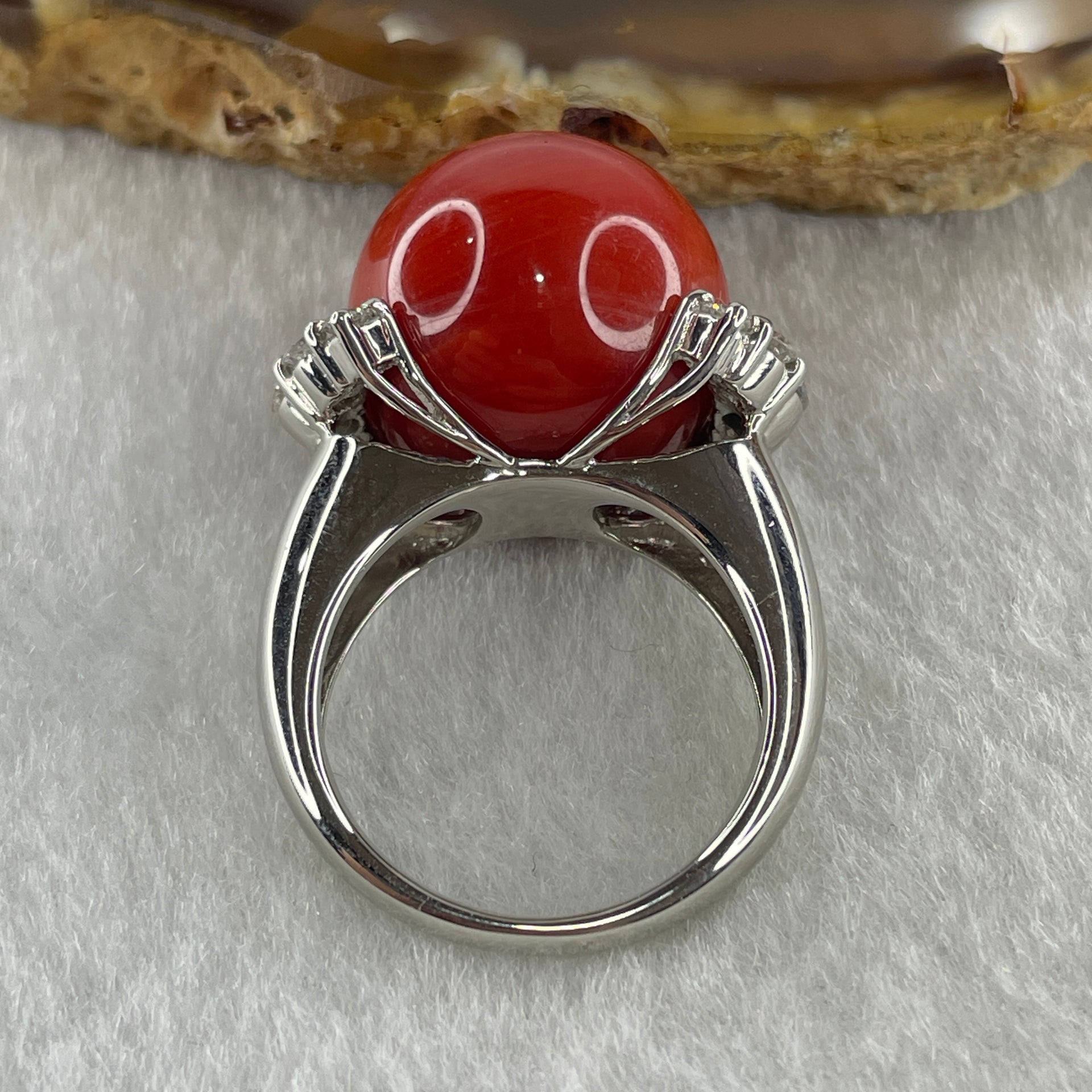 Rare Exceptional Grade Natural Round Red Coral 16.2mm with Natural Diamonds in PT900 Platinum Ring D0.85ct Total 16.2g US6.75 HK14.5 - Huangs Jadeite and Jewelry Pte Ltd