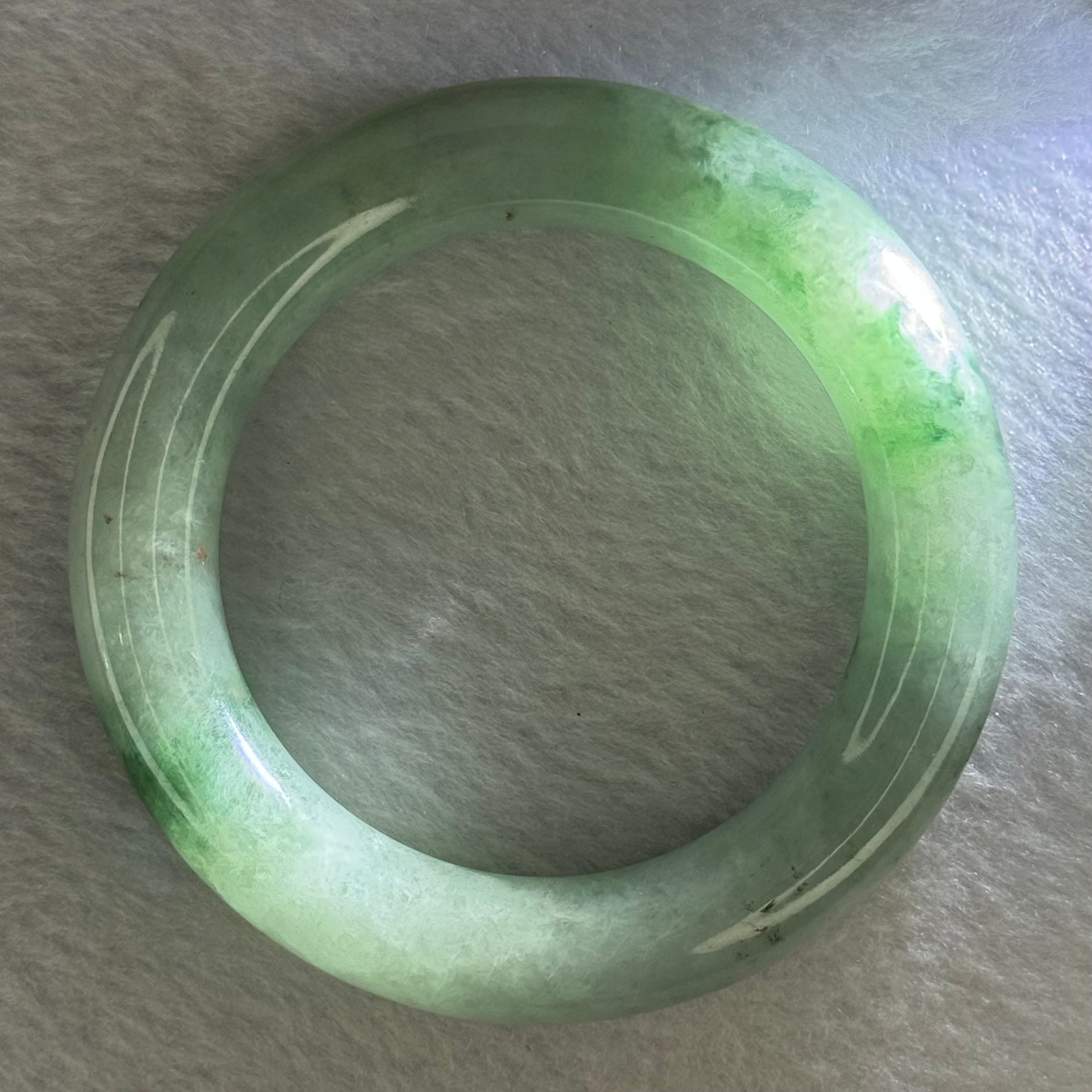 Type A Green with Blueish Green Piao Hua Jadeite Bangle Internal Diameter 54.7mm 90.87g 13.4 by 12.4mm (Very Slight External Rough) - Huangs Jadeite and Jewelry Pte Ltd