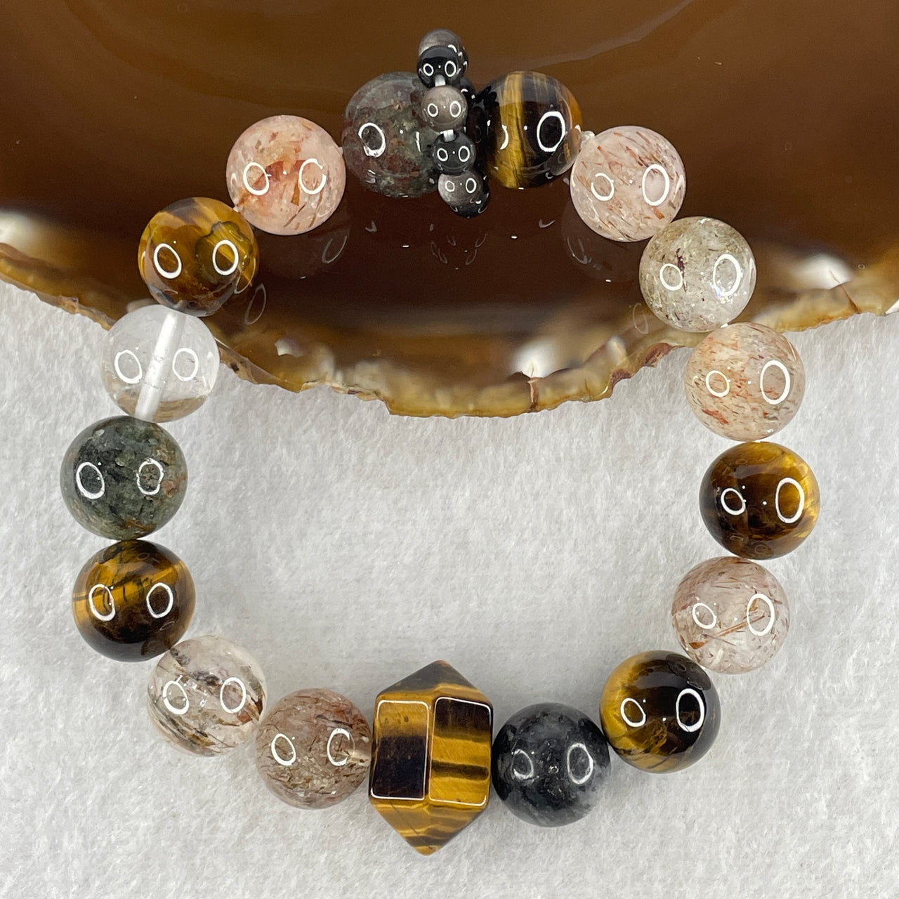 Natural Yellow Tiger's Eye with Strawberry Quartz Beads Bracelet 47.15g 16cm 12.4mm-16Beads 19.4 by 13.0mm-1Bead
