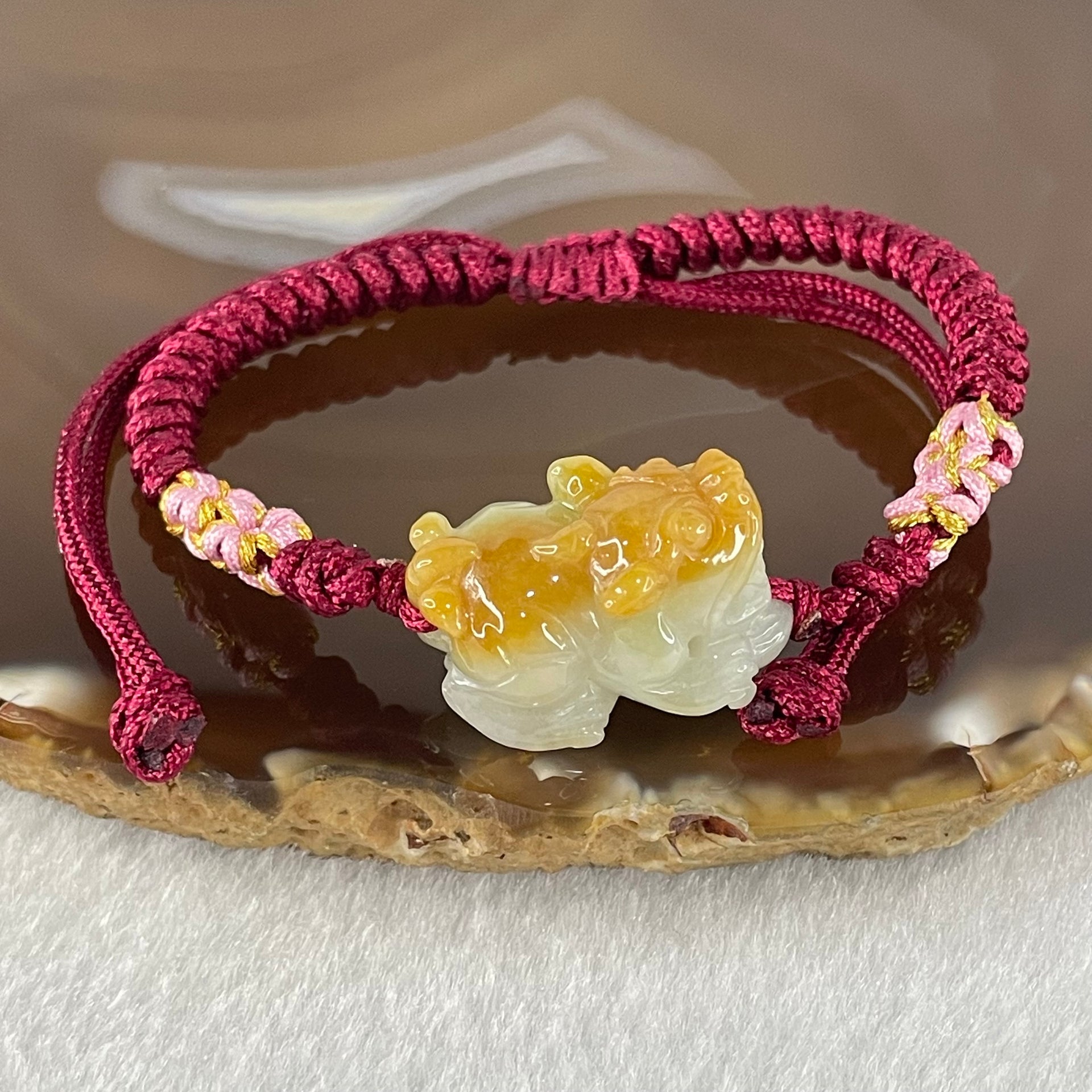 Type A Faint Green with Yellow Jadeite Male Pixiu String Bracelet 7.53g 23.5 by 13.2 by 13.8mm - Huangs Jadeite and Jewelry Pte Ltd