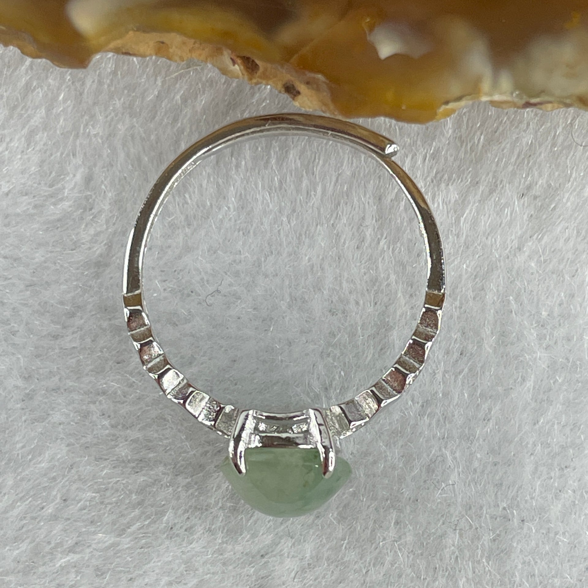 Natural Type A Semi Icy Faint Green Jadeite Round Shape Cabouchon with Cubic Zirconia in S925 Silver Ring (Adjustable Size) 1.44g 7.9 by 4.5mm - Huangs Jadeite and Jewelry Pte Ltd