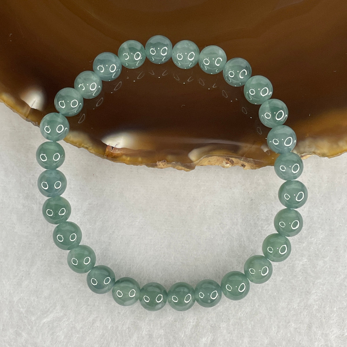 Natural Type A Semi-Icy Blueish Green Jadeite Bead Bracelet | Untreated Cool Ocean Fei Cui Stretch Bracelet (12.08g | 14.5cm Wrist | 6.3mm | 28 Beads)