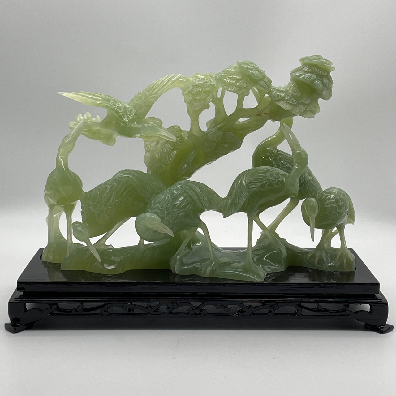 Natural Green Serpentine 6 Cranes with Bird on Podocarpus Tree on Wooden Stand Display 2,550.6g 335.0 by 150.0 by 235.0mm