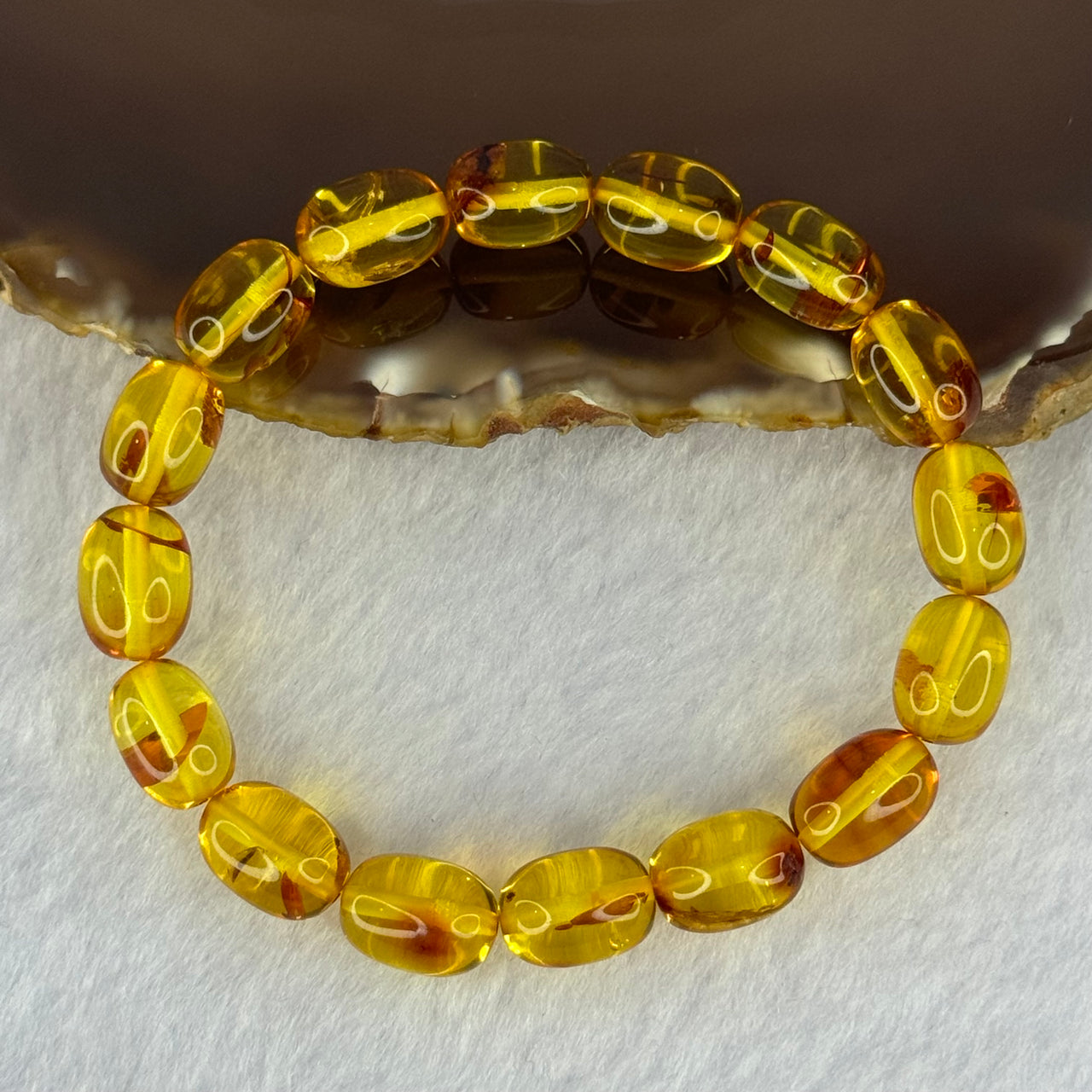Natural Golden Yellow with Red Flower Amber Beads Bracelet 天然花珀手链 7.68g 15cm 8.5mm 16 Beads - Huangs Jadeite and Jewelry Pte Ltd