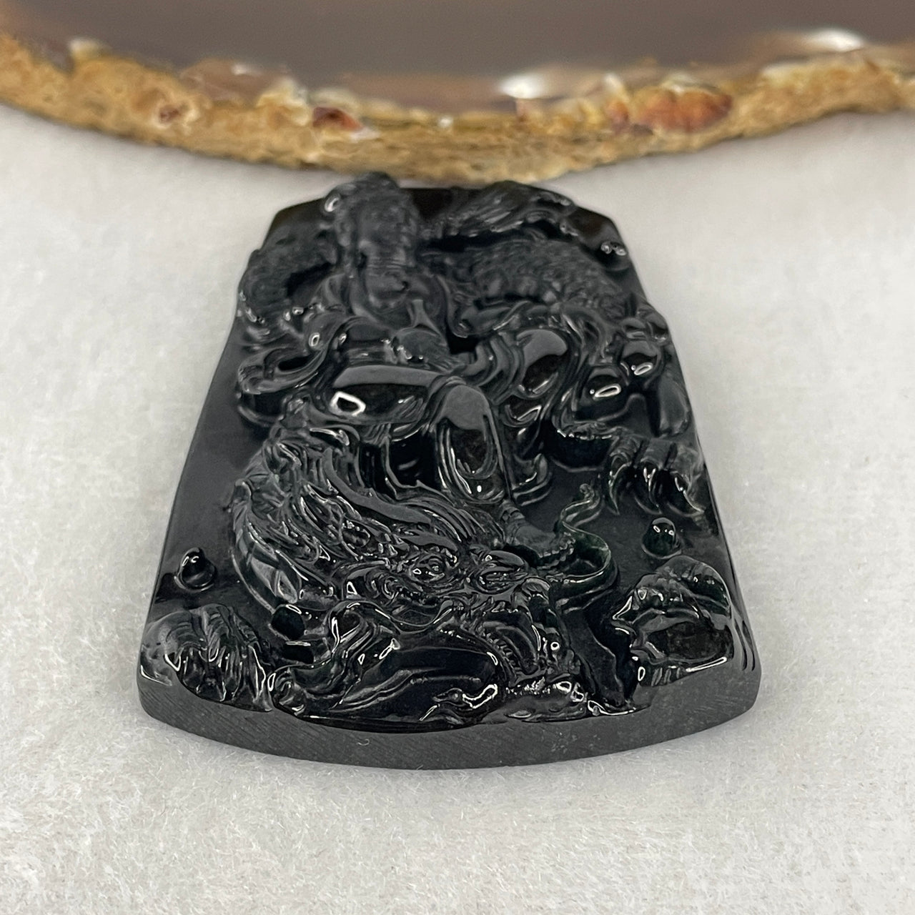 Certified Type A Opaque Black Omphacite Jadeite Guan Yin on Dragon Pendant | Infinite Compassion & Celestial Power Talisman (44.97g | 67.1 x 44.7 x 9.4mm)