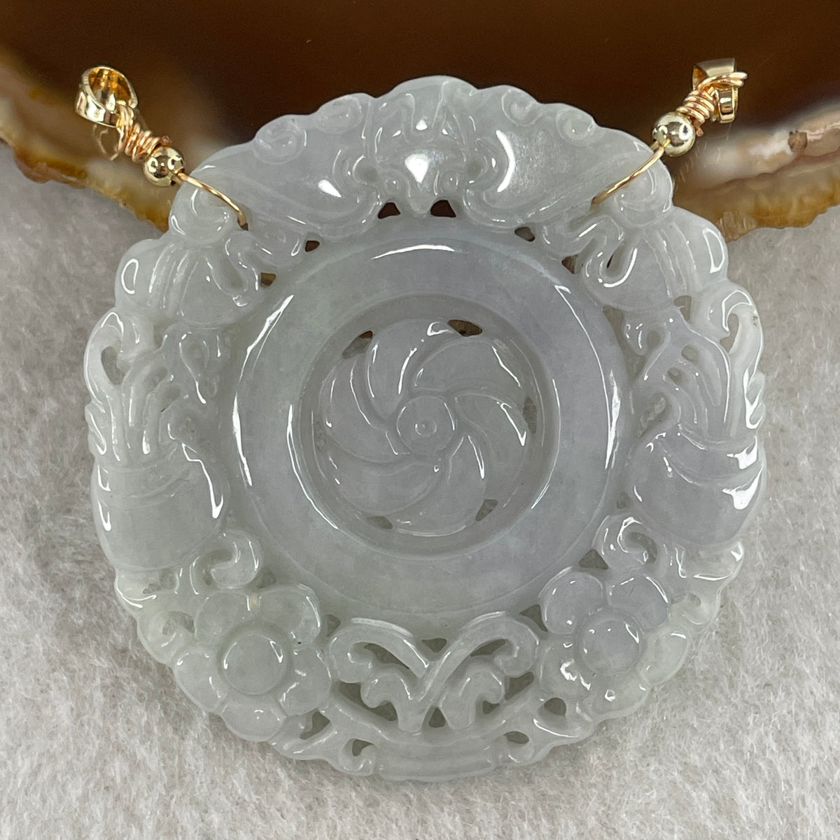 Natural Type A Green Jadeite Flower, Bat & Hulu Pendant in Intricate Hollow Carving | Blessing, Longevity & Good Fortune Talisman (19.17g | 47.4mm) - Huangs Jadeite and Jewelry Pte Ltd