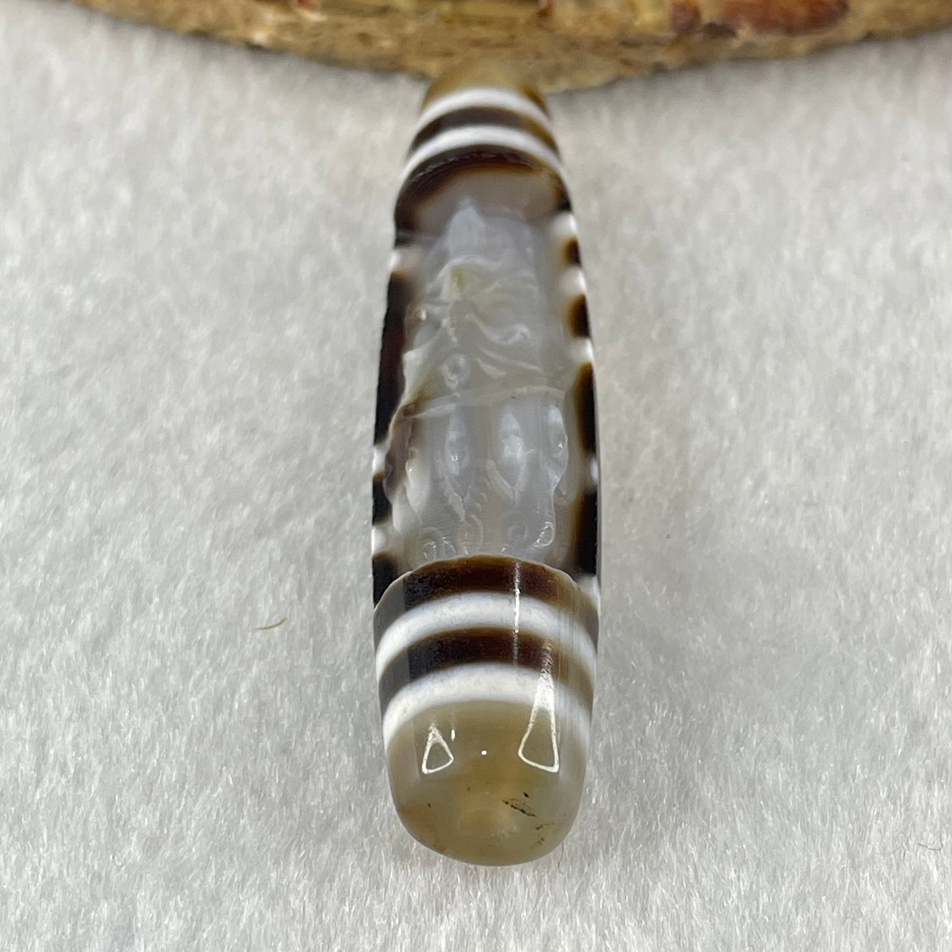 Natural Powerful Tibetan Old Oily Agate 2 Eye with Zha Ji La Mu Female Cai Shen Carvings Dzi Bead Heavenly Master (Tian Zhu) 两眼扎基拉姆女财神天诛 13.65g 57.7 by 13.5mm - Huangs Jadeite and Jewelry Pte Ltd