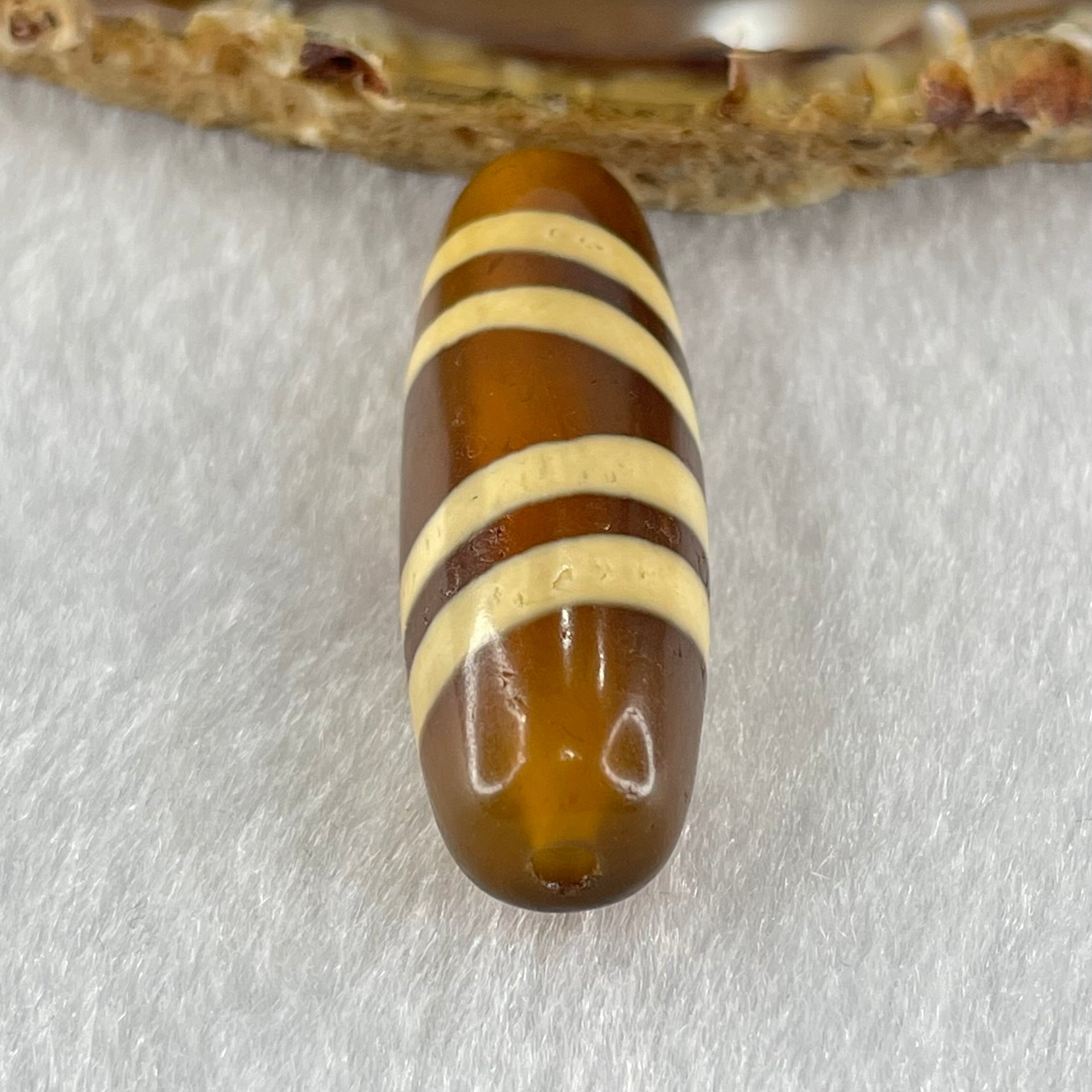 Natural Powerful Tibetan Old Oily Yellowish Brown with Yellowish White Agate 4 Lines Bead Heavenly Master (Tian Zhu) 9.39g 38.7 by 12.5mm - Huangs Jadeite and Jewelry Pte Ltd