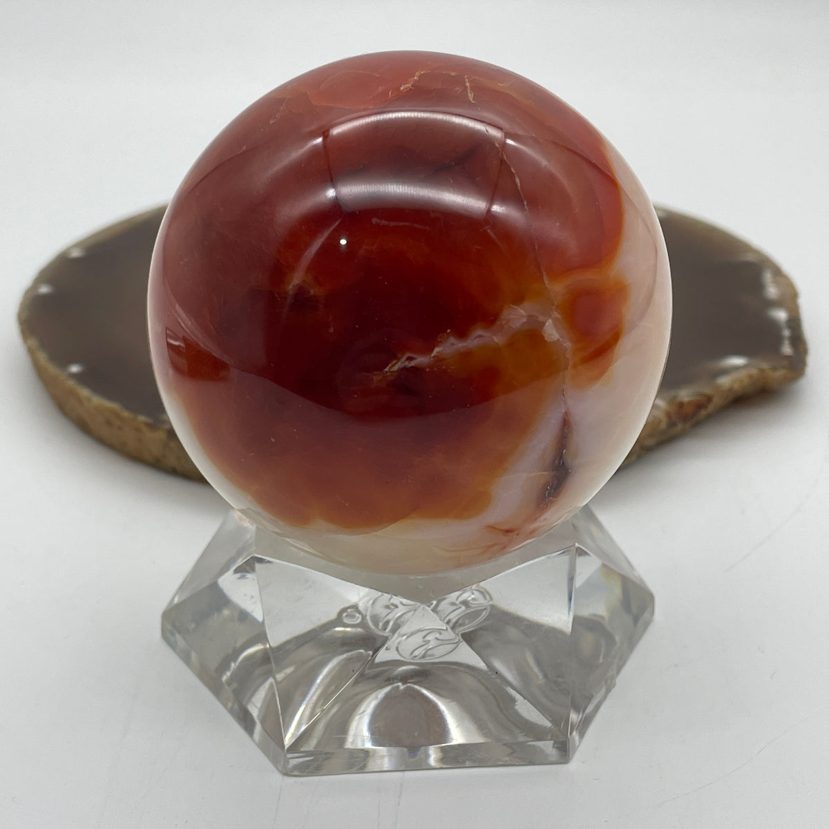Natural Carnelian Agate Sphere Ball with Clear Acrylic Stand Display | (495.81g | 70.0mm | 89.2mm | Catalyst, "Hong Yun Dang Tou" Fortune & Vitality Anchor, 360° Energy Harmonizer & Feng Shui Wealth Sphere)