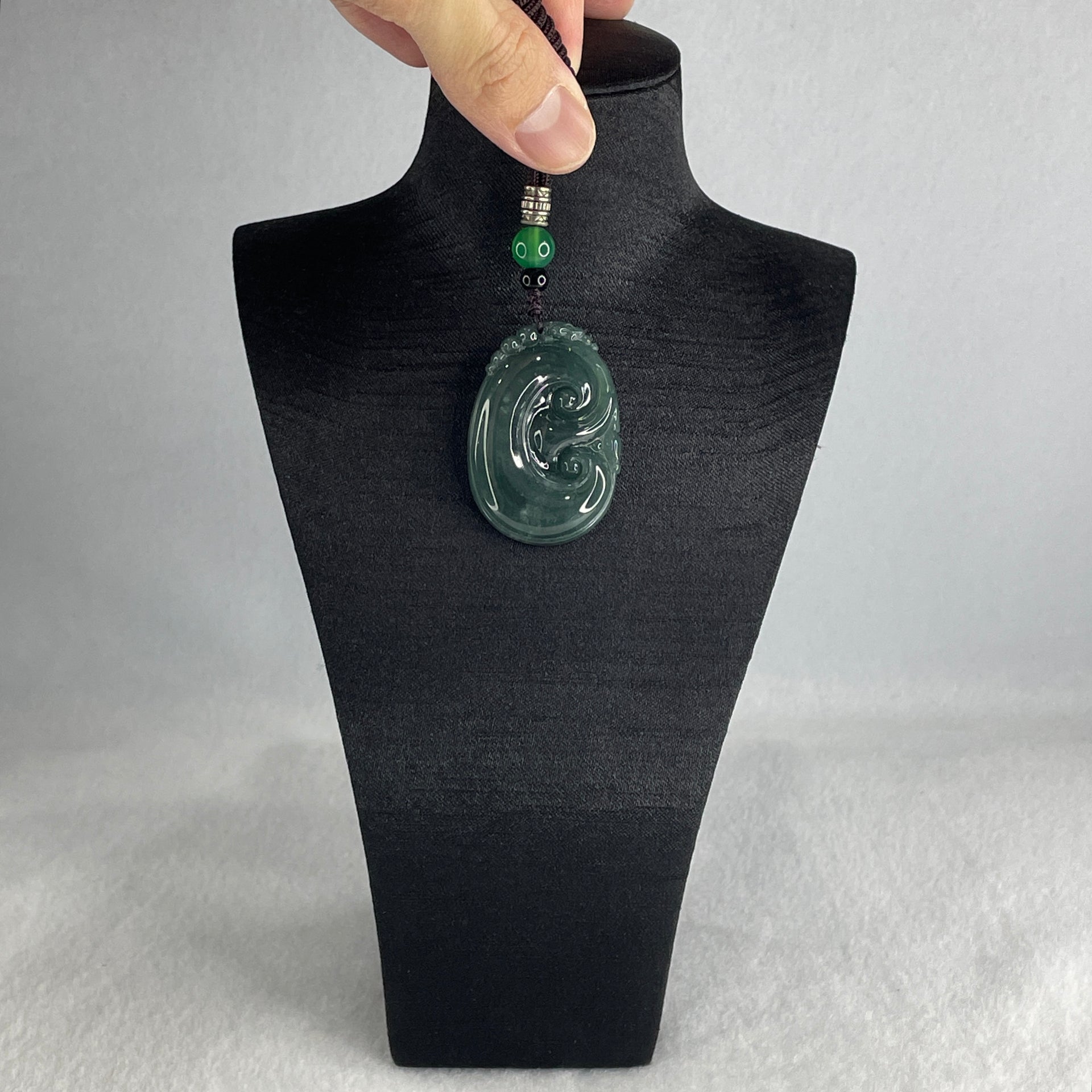 Natural Type A Blueish Green Jadeite Dragon Head on Ruyi Pendant 17.96g 43.5 by 29.4 by 6.5mm - Huangs Jadeite and Jewelry Pte Ltd