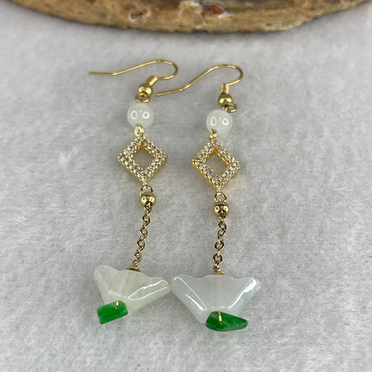 Natural Type A Light Green Jadeite Earrings | Gold Color Yuan Bao Wealth Ingot Dangling Drop Earrings (4.19g 14.8x6.6x4.7mm)