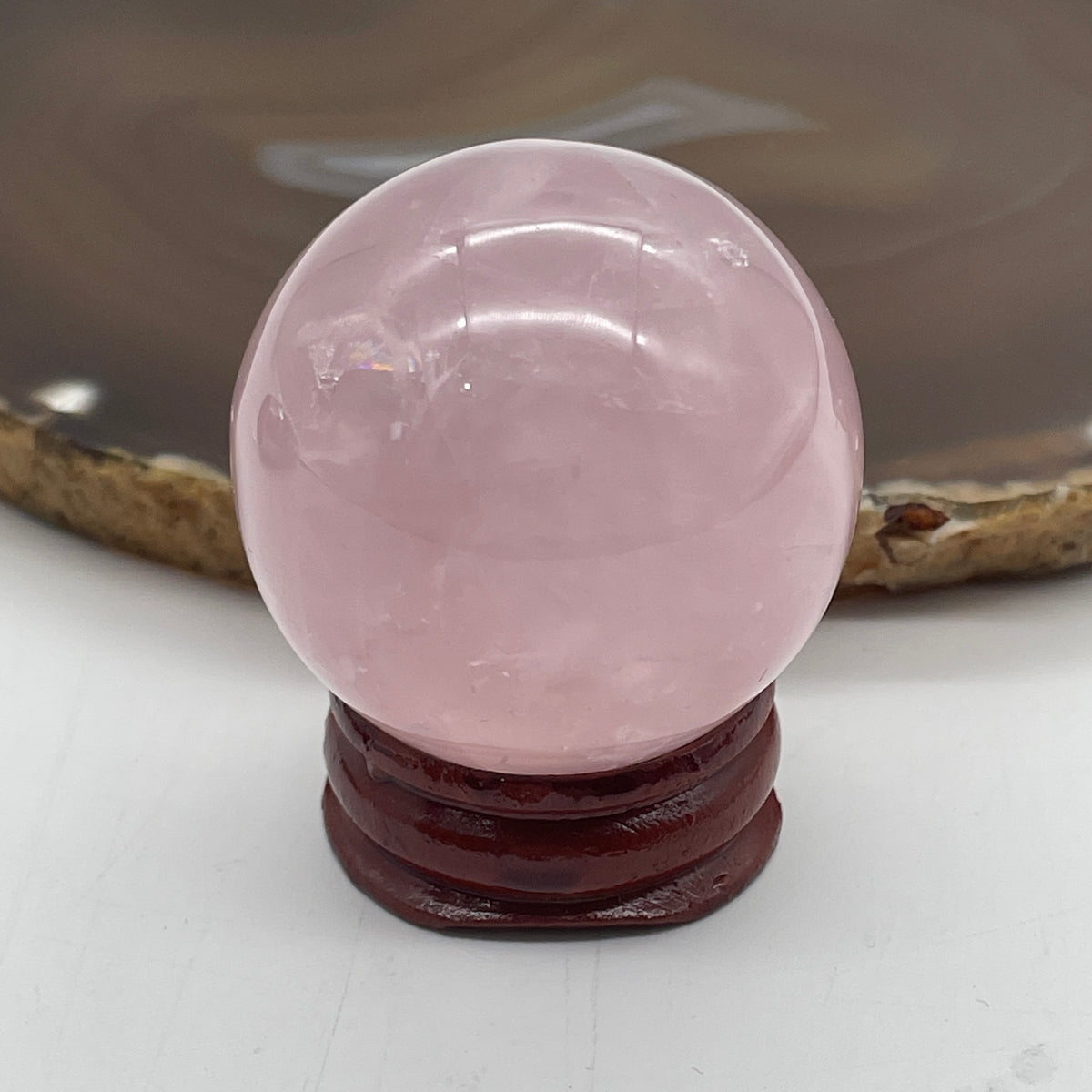 Above Average Natural Rose Quartz Mini Ball with Wooden Stand Display | (87.42g | 39.2mm | 46.5mm |Catalyst, "Zhao Tao Hua" Love & Interpersonal Charm Magnet, 360° Energy Harmonizer & Feng Shui Prosperity Sphere)