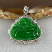 Type A Burmese Intense Green Jadeite Milo Laughing Buddha Pendant Setting 18k White Gold with Diamonds 3.40g 28.0 by 24.4 by 6.7mm - Huangs Jadeite and Jewelry Pte Ltd