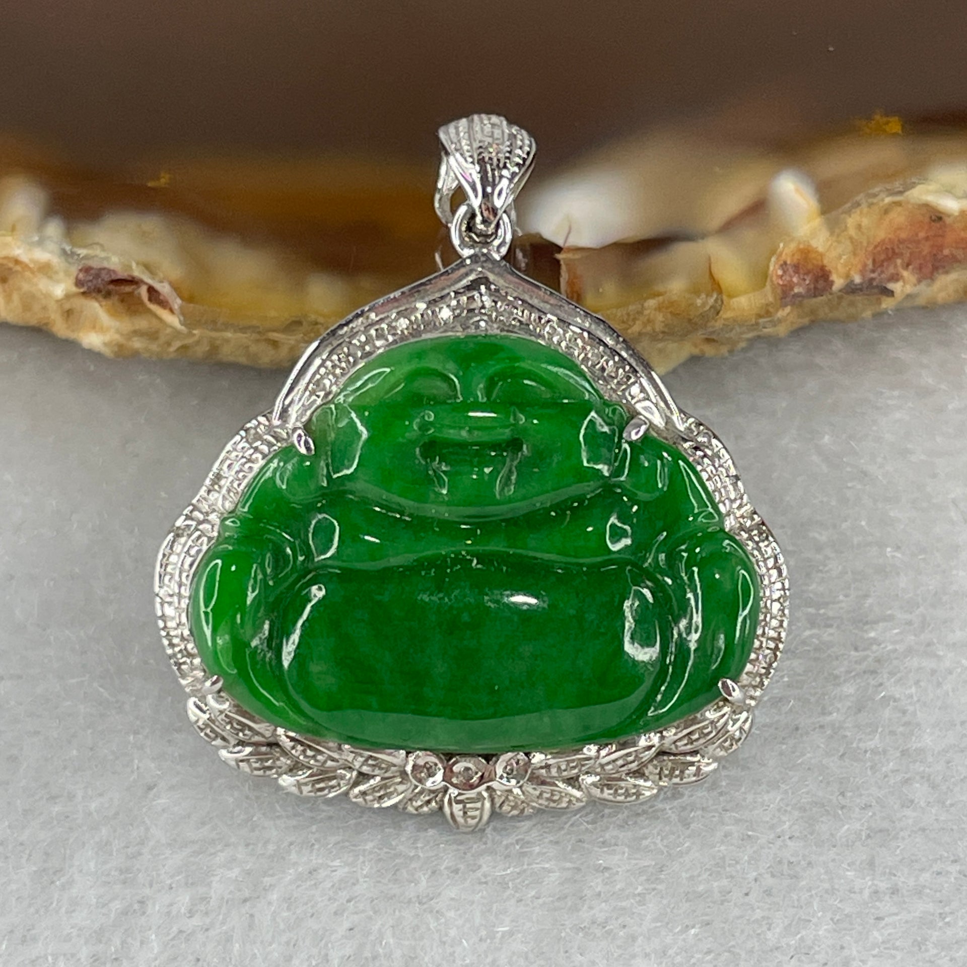 Type A Burmese Intense Green Jadeite Milo Laughing Buddha Pendant Setting 18k White Gold with Diamonds 3.40g 28.0 by 24.4 by 6.7mm - Huangs Jadeite and Jewelry Pte Ltd