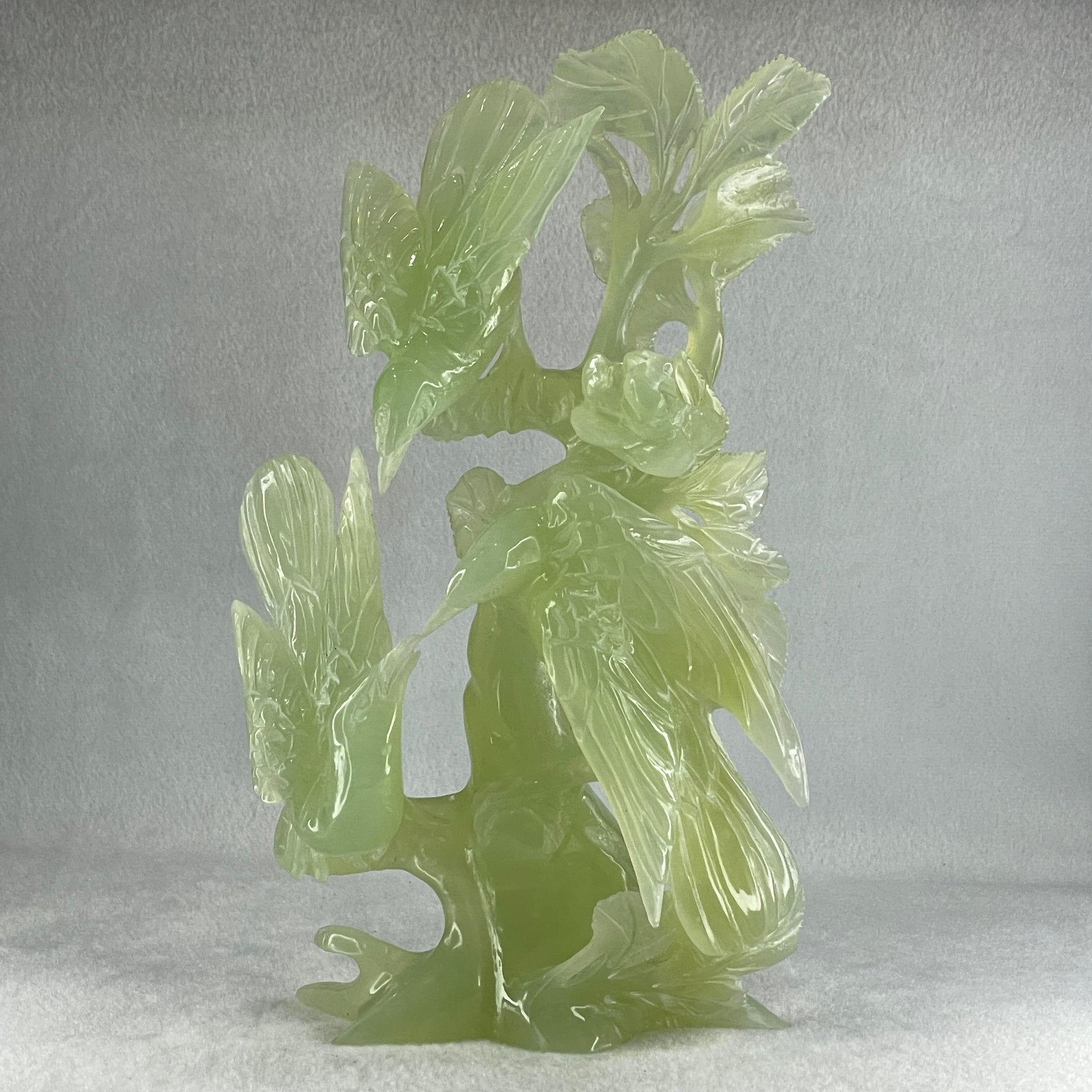 Natural Green Serpentine 3 Magpie Birds on Tree with Wooden Stand Display 939.0g 147.0 by 272.0 by 92.0mm - Huangs Jadeite and Jewelry Pte Ltd