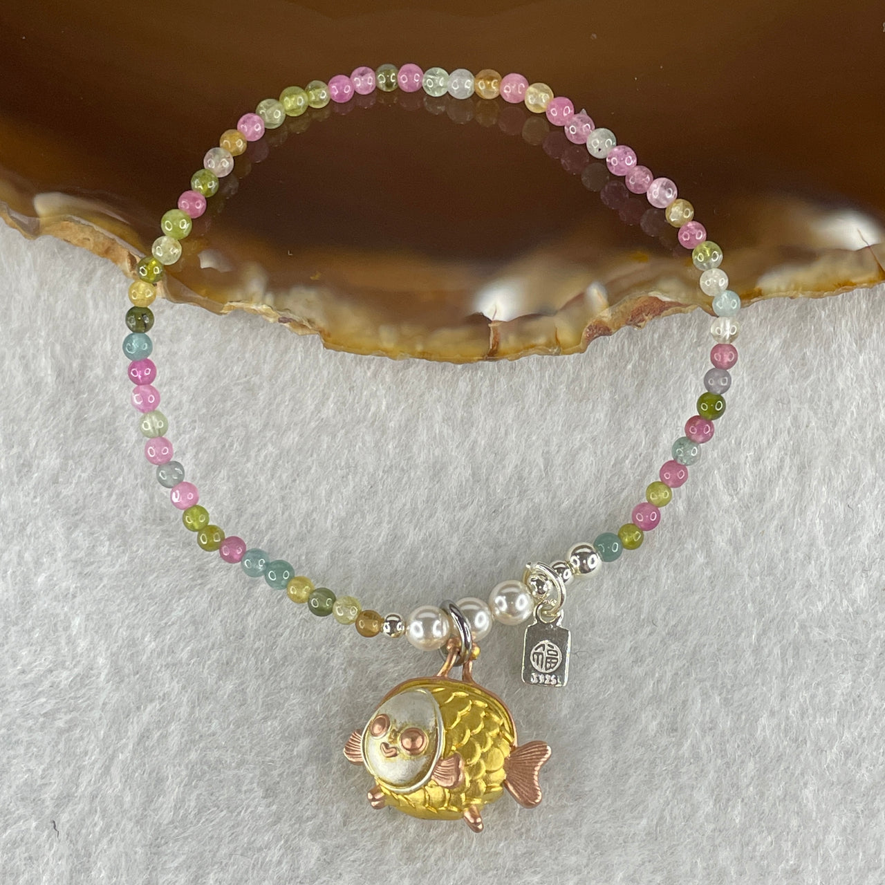 Natural Rainbow Tourmaline with Gold Color Fish and Fu S925 Silver Charm Beads Bracelet 8.58g 14cm 2.7mm 60 Beads