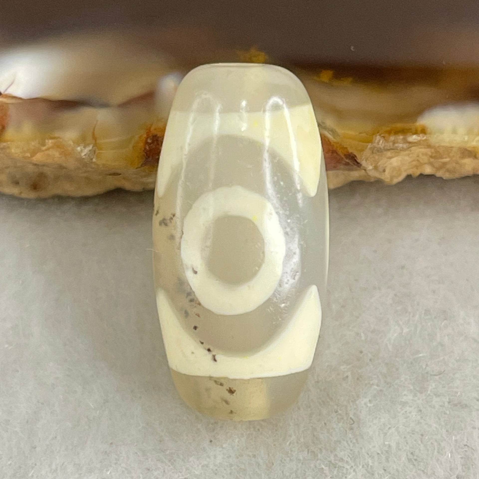 Natural Powerful Tibetan Old Oily Agate 3 Eyes Dzi Bead Heavenly Master (Tian Zhu) 三眼天诛 2.88g 19.8 by 9.9mm - Huangs Jadeite and Jewelry Pte Ltd