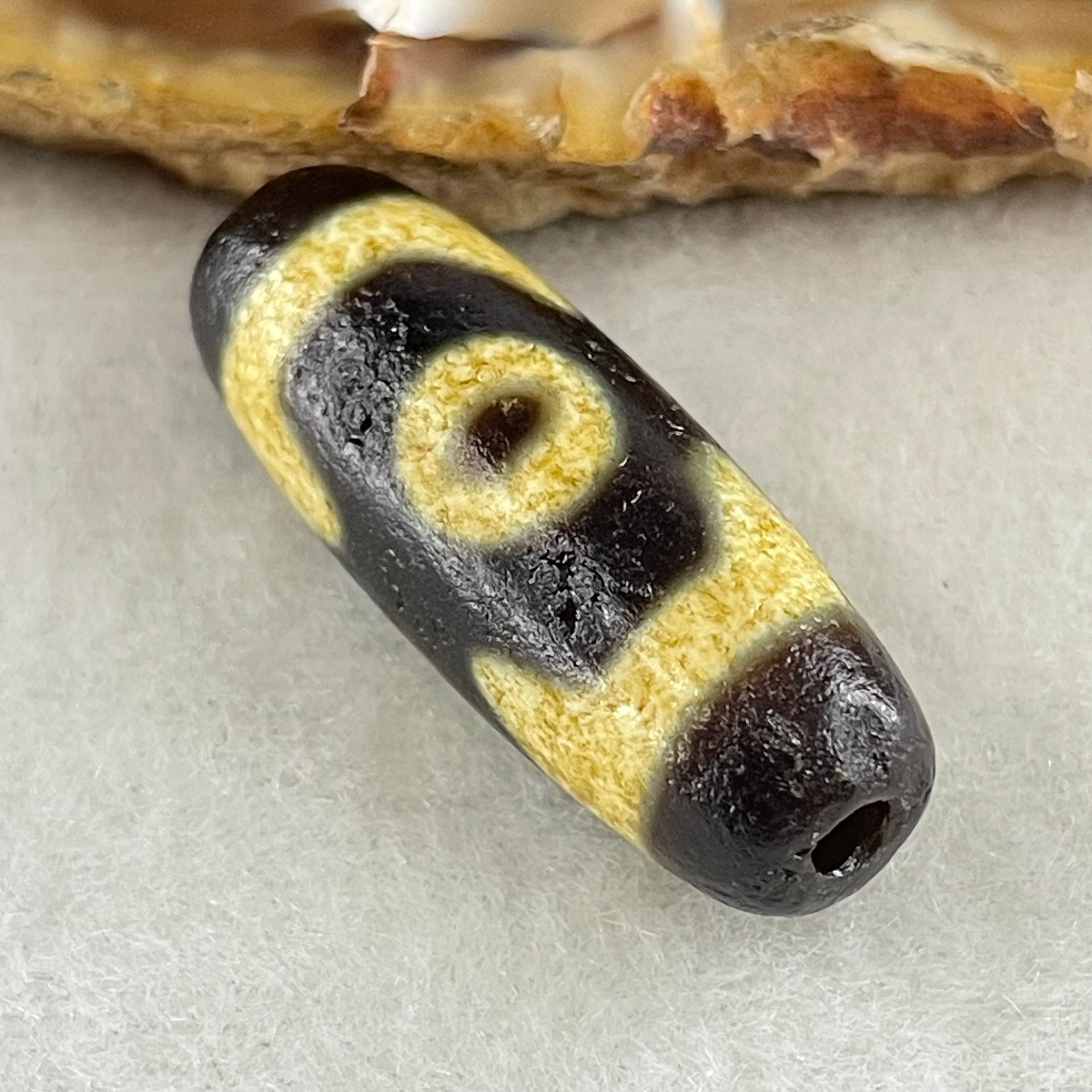Natural Powerful Tibetan Old Oily Agate 3 Eyes Dzi Bead Heavenly Master (Tian Zhu) 三眼天诛 5.07g 28.8 by 10.8mm - Huangs Jadeite and Jewelry Pte Ltd