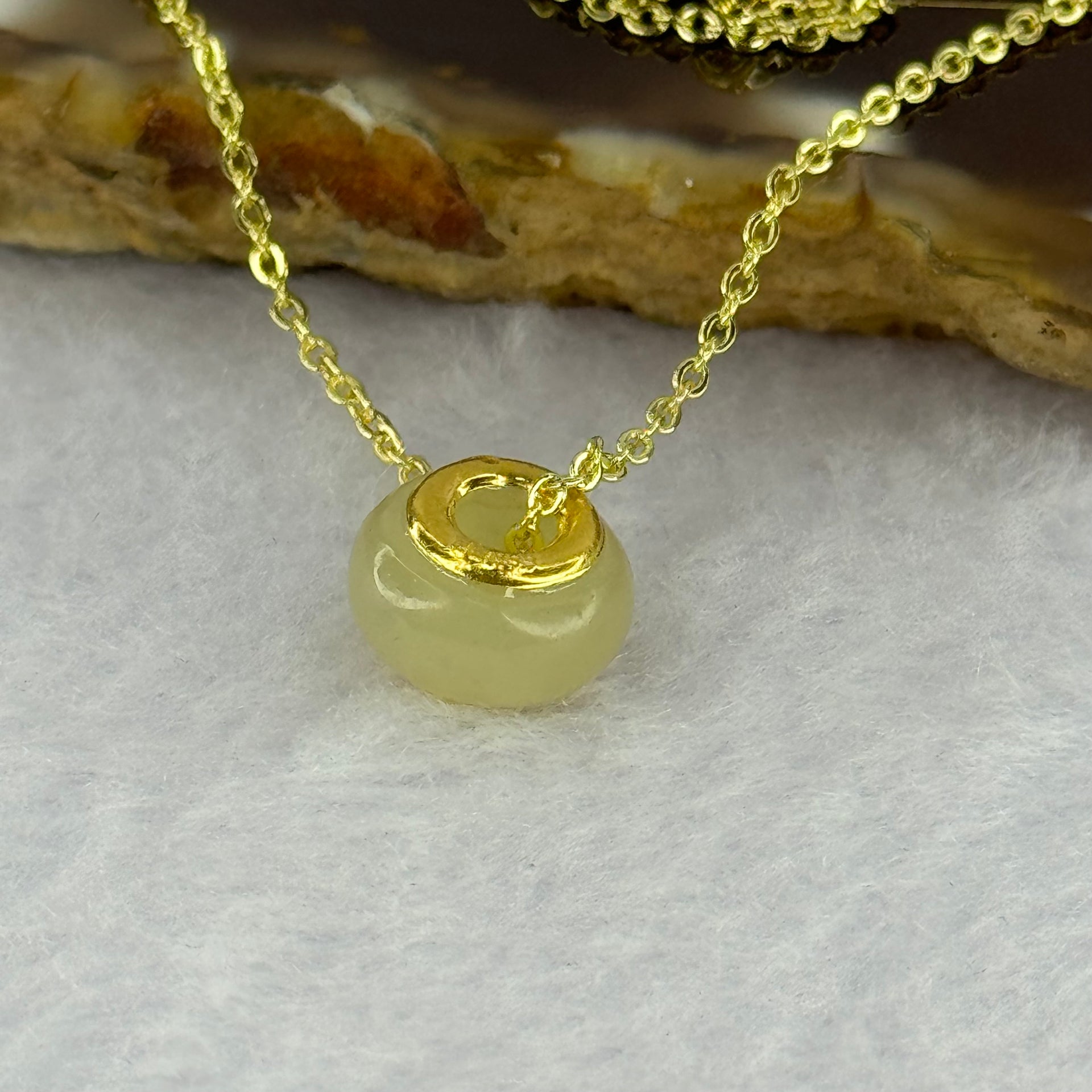 Natural Yellowish Nephrite Ping An Kou Donut 999 Gold Pendent in Gold Color Necklace 2.79g 10.0 by 6.0mm - Huangs Jadeite and Jewelry Pte Ltd
