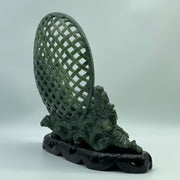 Natural Dark Green Nephrite 3 Prawns in Net with Wooden Display 2,568.0g 280.0 by 95.0 by 270.0mm - Huangs Jadeite and Jewelry Pte Ltd