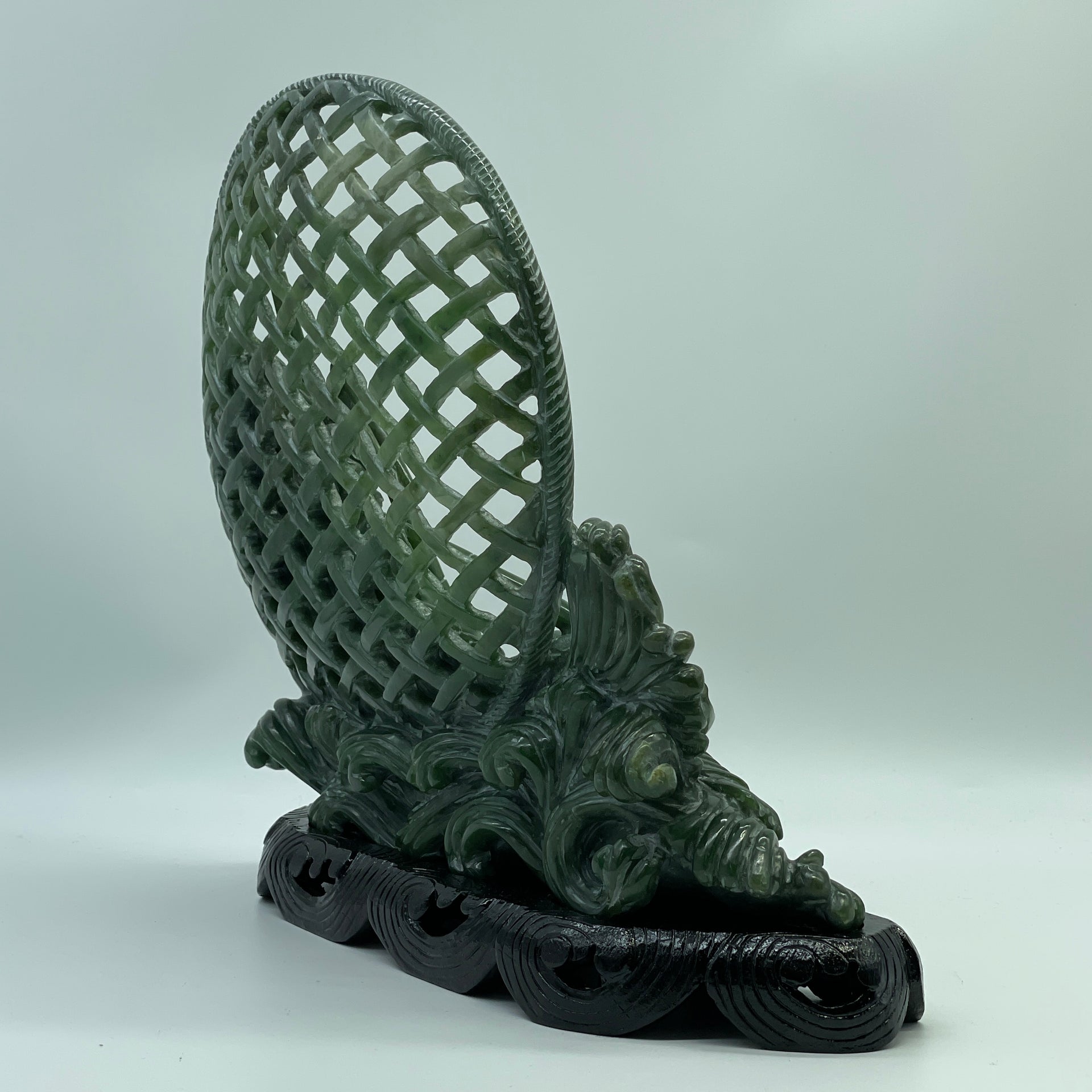 Natural Dark Green Nephrite 3 Prawns in Net with Wooden Display 2,568.0g 280.0 by 95.0 by 270.0mm - Huangs Jadeite and Jewelry Pte Ltd