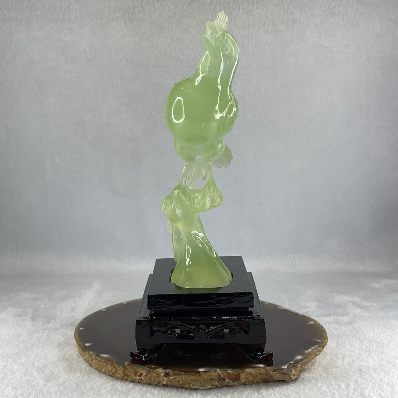 Natural Green Serpentine Bird on Plant with Wooden Stand Display 361.9g 150.0 by 80.0 by 180.0mm - Huangs Jadeite and Jewelry Pte Ltd