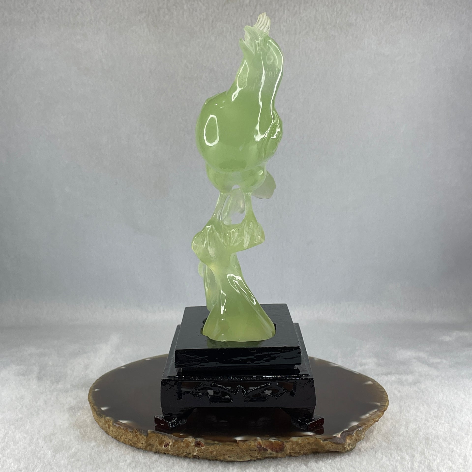 Natural Green Serpentine Bird on Plant with Wooden Stand Display 361.9g 150.0 by 80.0 by 180.0mm - Huangs Jadeite and Jewelry Pte Ltd