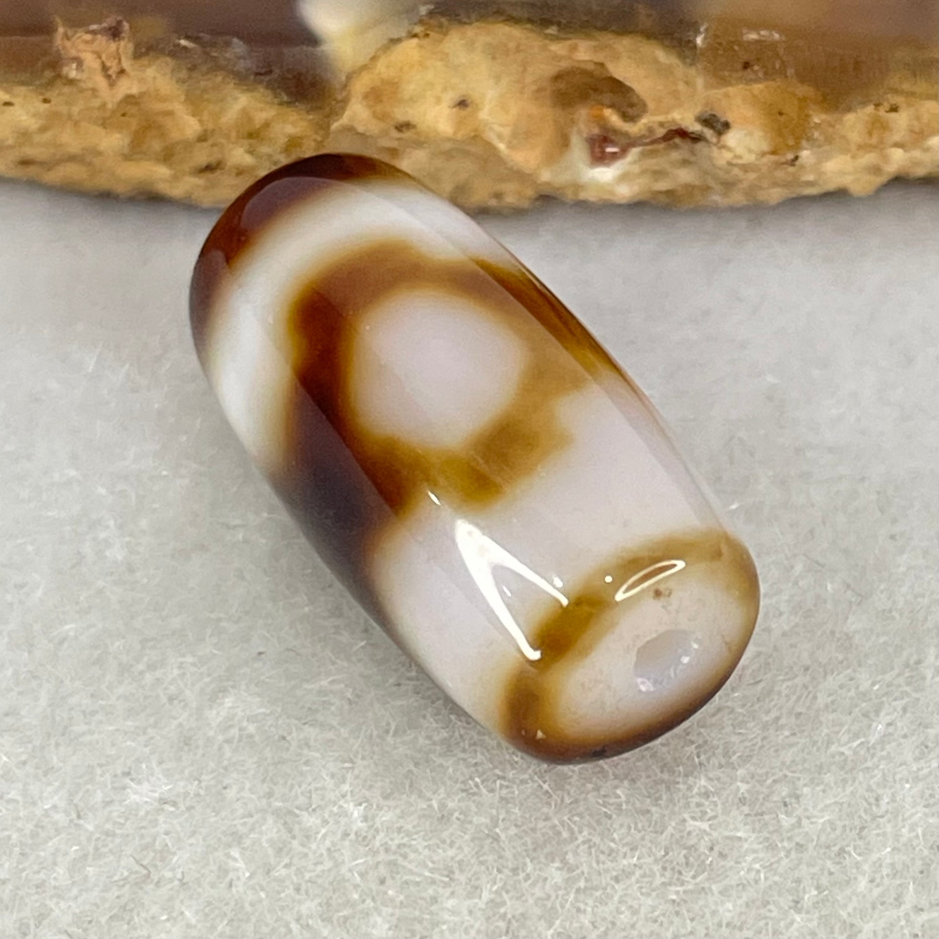 Natural Powerful Tibetan Old Oily White with Dark Brown Agate 3 Eyes Dzi Bead Heavenly Master (Tian Zhu) 三眼天诛 3.49g 19.6 by 10.3mm - Huangs Jadeite and Jewelry Pte Ltd