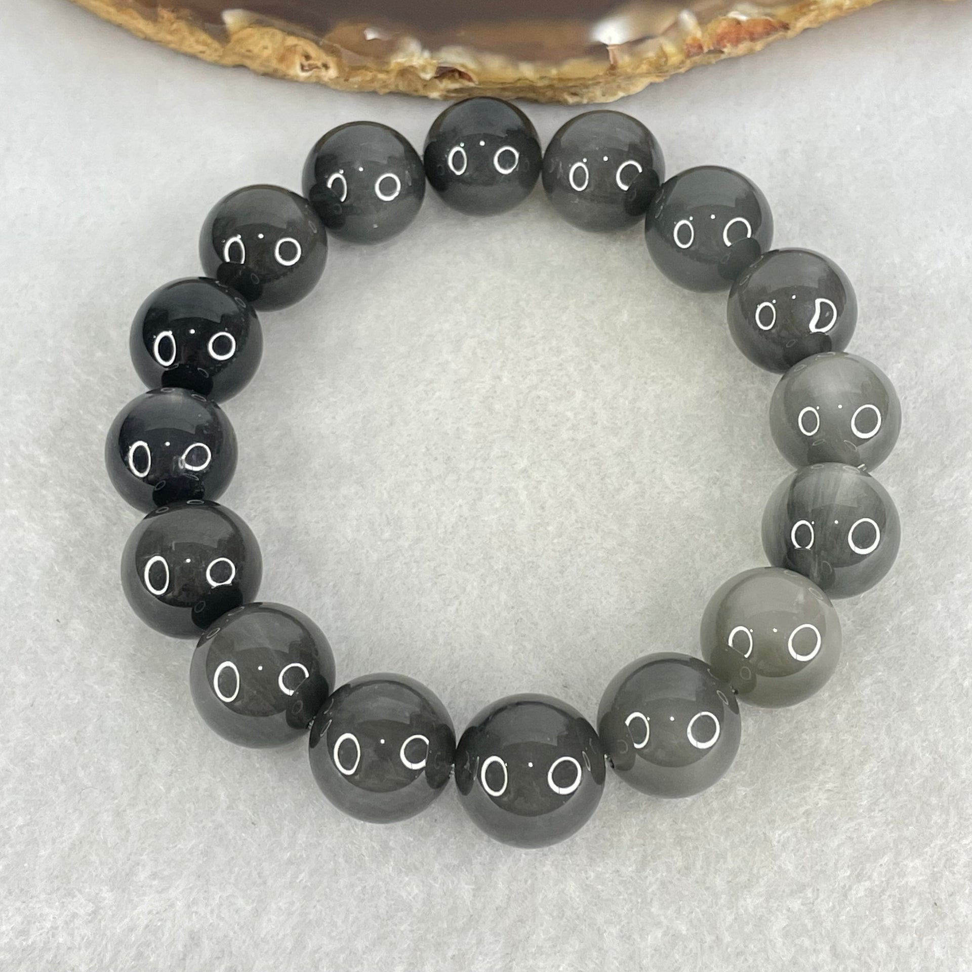 Good Grade Natural Grey Rabbit Hair Rutilated Quartz Beads Bracelet 52.45g 18cm 13.5mm 16 Beads - Huangs Jadeite and Jewelry Pte Ltd