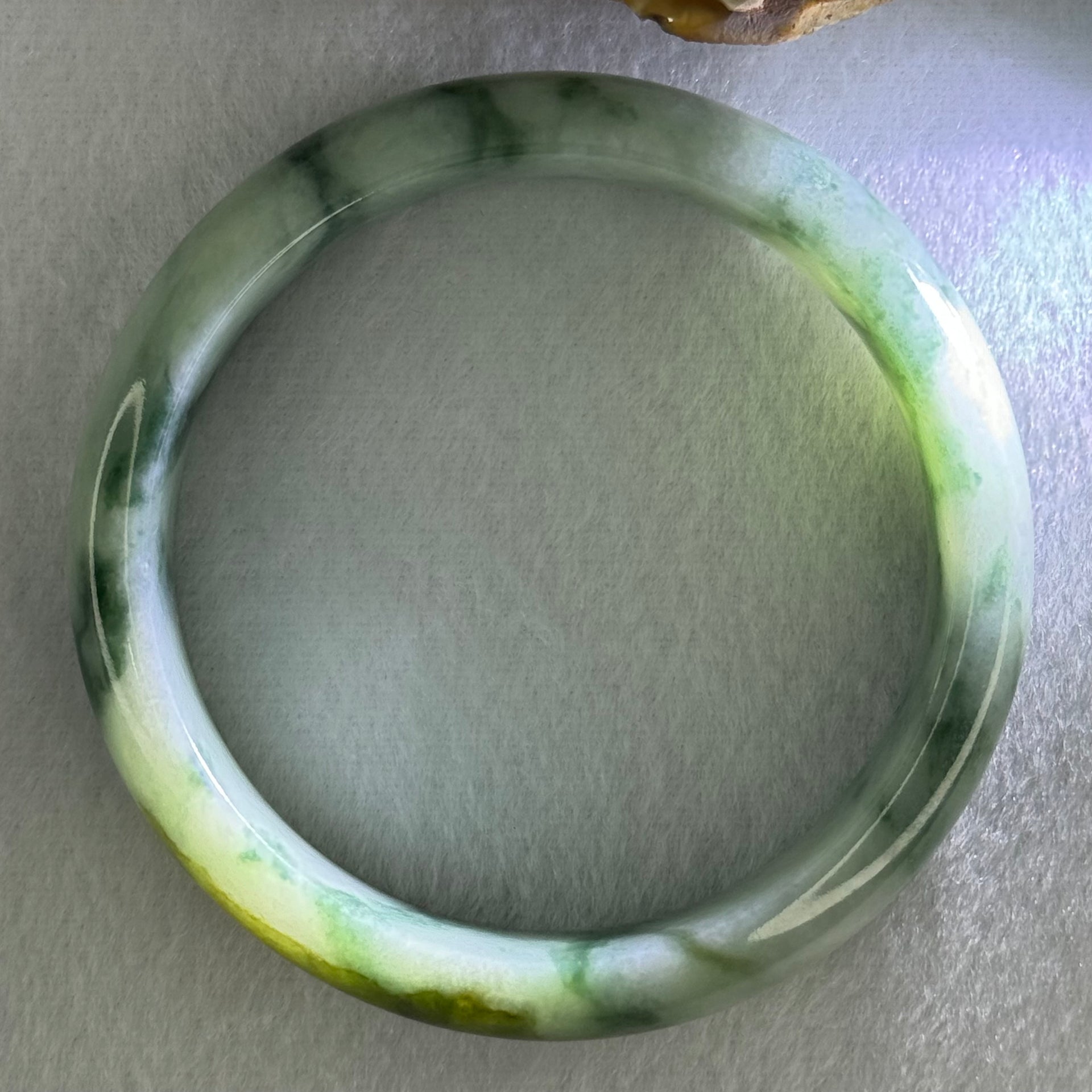 Type A Light Green with Dark Green Piao and Brown Patch Jadeite Bangle Internal Diameter 58.7mm 65.92g 14.9 by 8.5mm (Slight Internal Lines) - Huangs Jadeite and Jewelry Pte Ltd