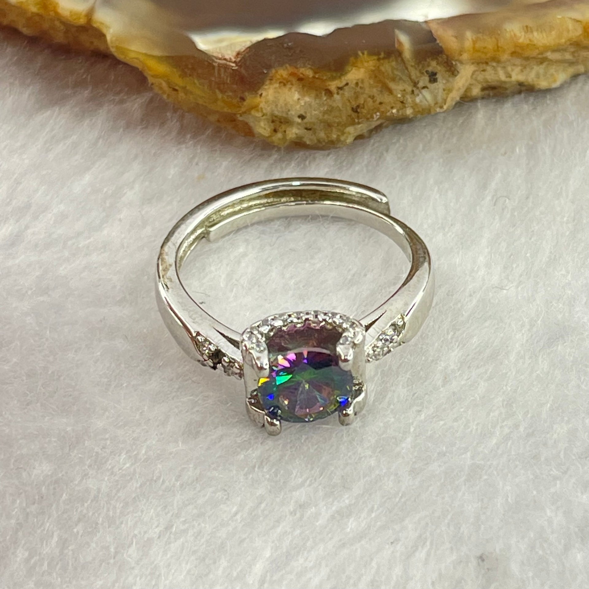 Purple Green Cubic Zirconia 6.4 by 3.8mm with Crystals In S925 Sliver Ring (Adjustable Size) 2.73g - Huangs Jadeite and Jewelry Pte Ltd