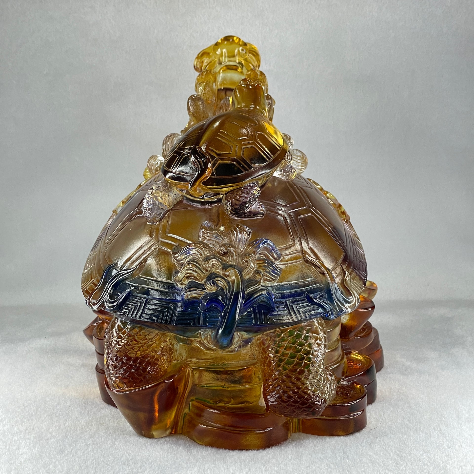 Liuli Orange Blue Dragon Turtle with Baby Turtle on Treasures Display 9,428.2g 270.0 by 185.0 by 210.0mm - Huangs Jadeite and Jewelry Pte Ltd