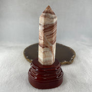 Natural Pink Calcite Tower with Wooden Stand Display 224.79g 73.0 by 62.0 by 147.5mm - Huangs Jadeite and Jewelry Pte Ltd