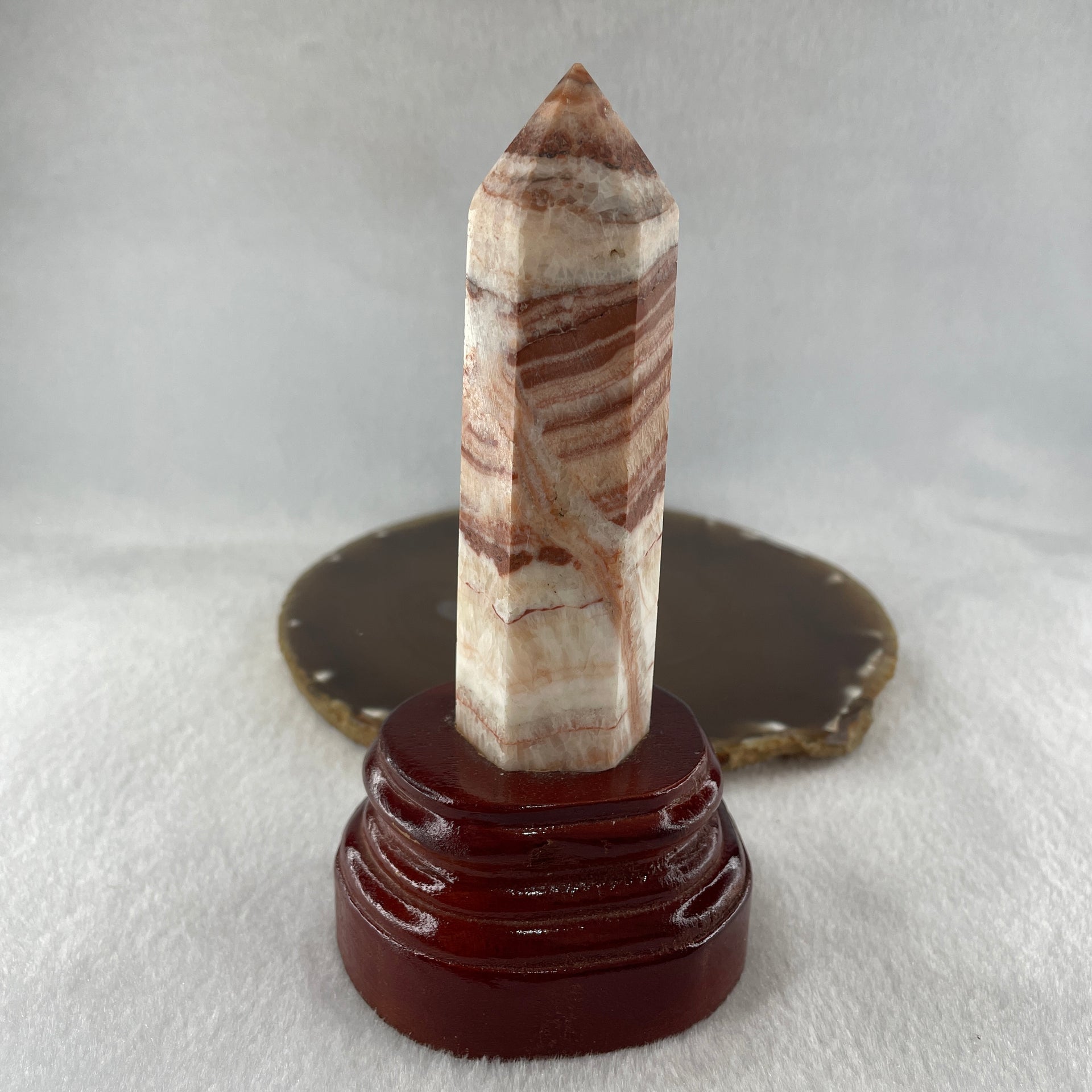Natural Pink Calcite Tower with Wooden Stand Display 224.79g 73.0 by 62.0 by 147.5mm - Huangs Jadeite and Jewelry Pte Ltd