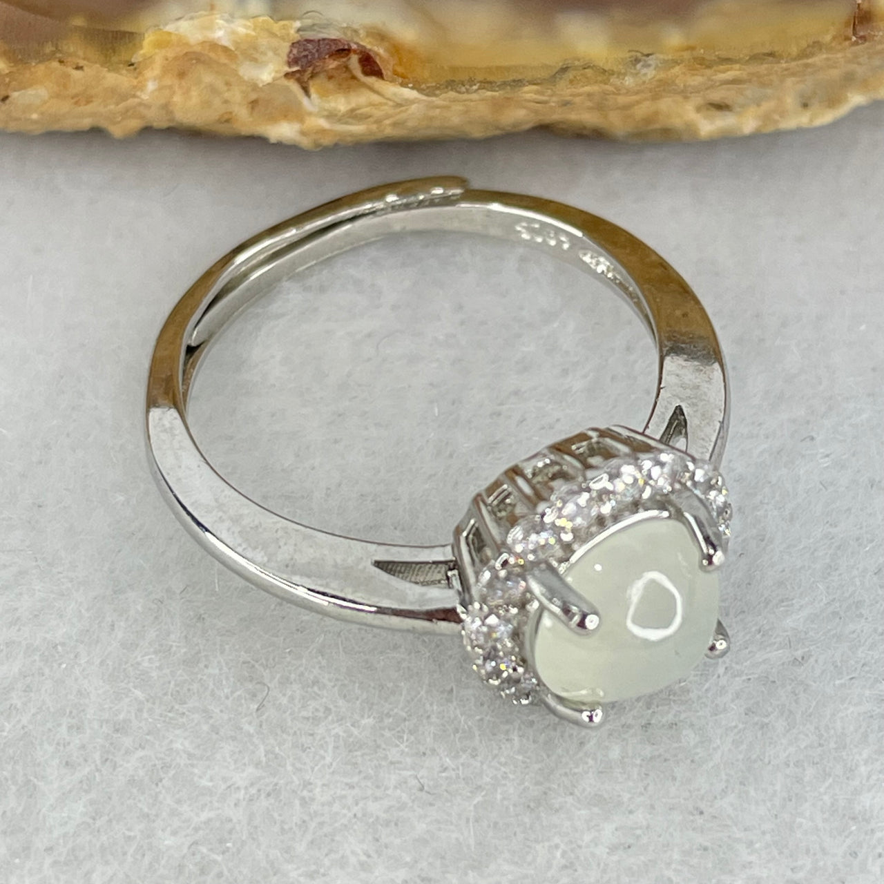 Type A Semi Icy Faint Green Jadeite Cabochon in S925 Sliver Ring (Adjustable Size) 2.04g 6.5 by 4.0mm - Huangs Jadeite and Jewelry Pte Ltd