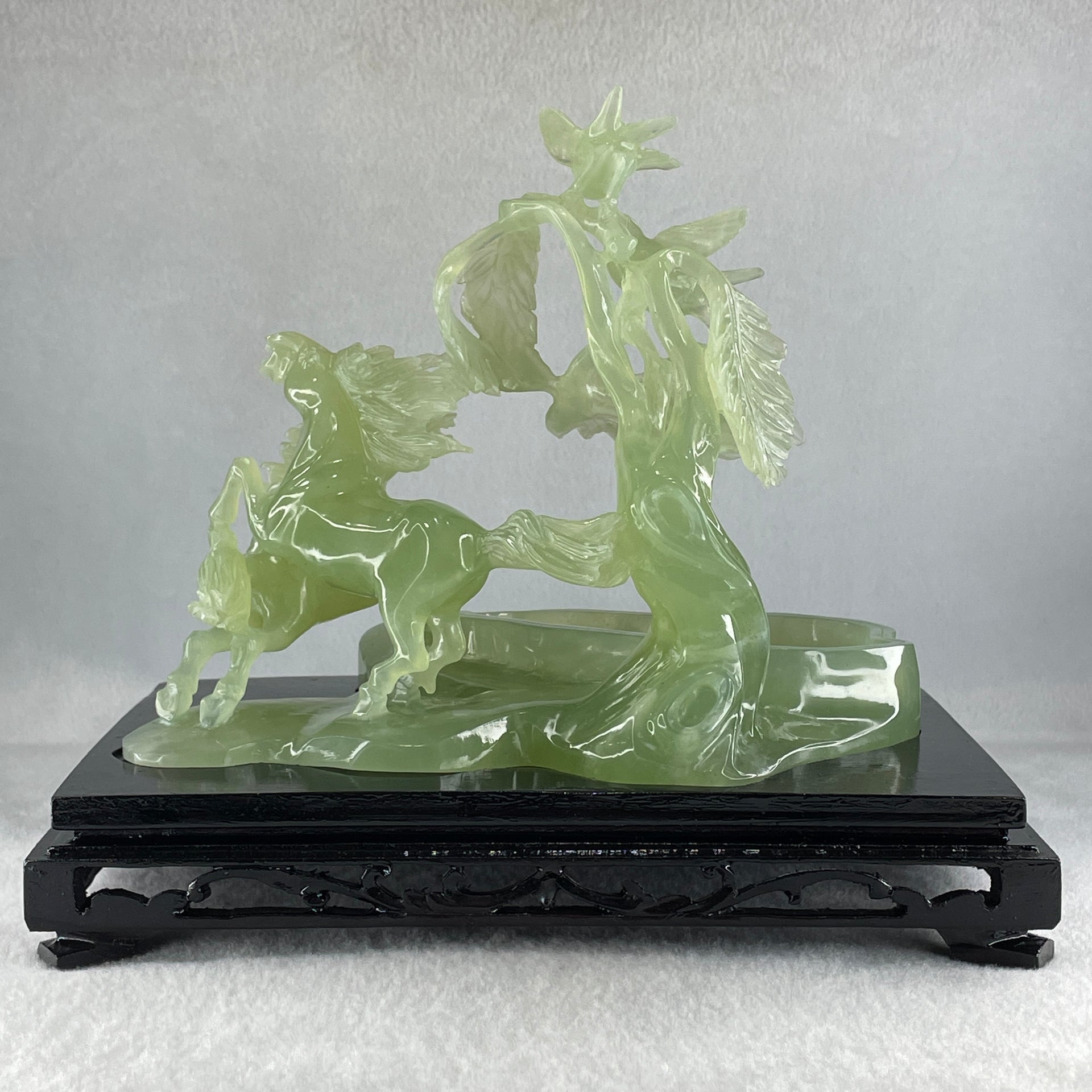 Natural Green Serpentine Double Victory Horses with Twin Birds on Treen and Pond with Wooden Stand Display 1,275.3g 240.0 by 210.0 by 160.0mm - Huangs Jadeite and Jewelry Pte Ltd