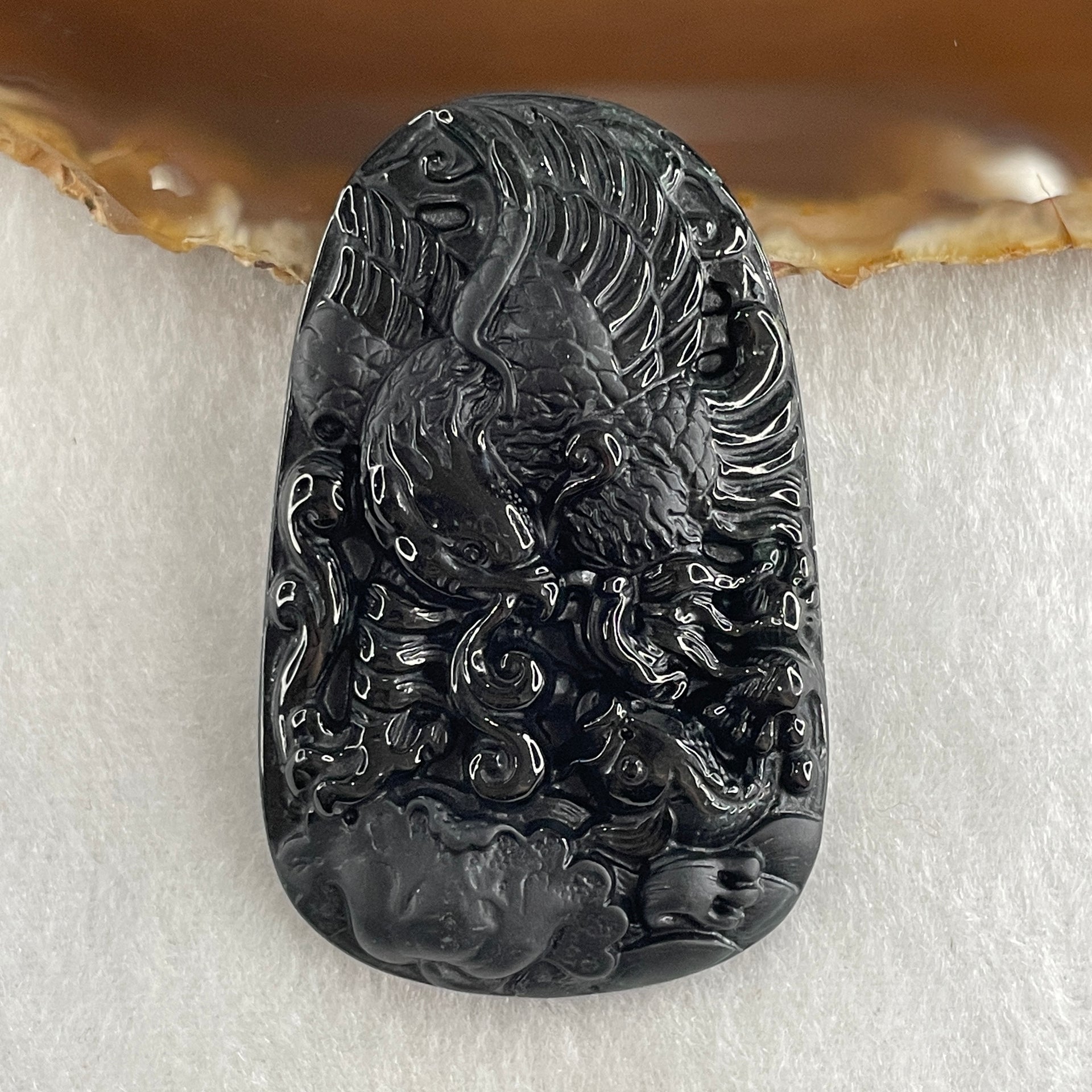 Type A Opaque to Partial Translucent Black Omphacite Jadeite Eagle Fish and Lotus Leaf Pendant 29.55g 60.1 by 38.1 by 8.0mm - Huangs Jadeite and Jewelry Pte Ltd