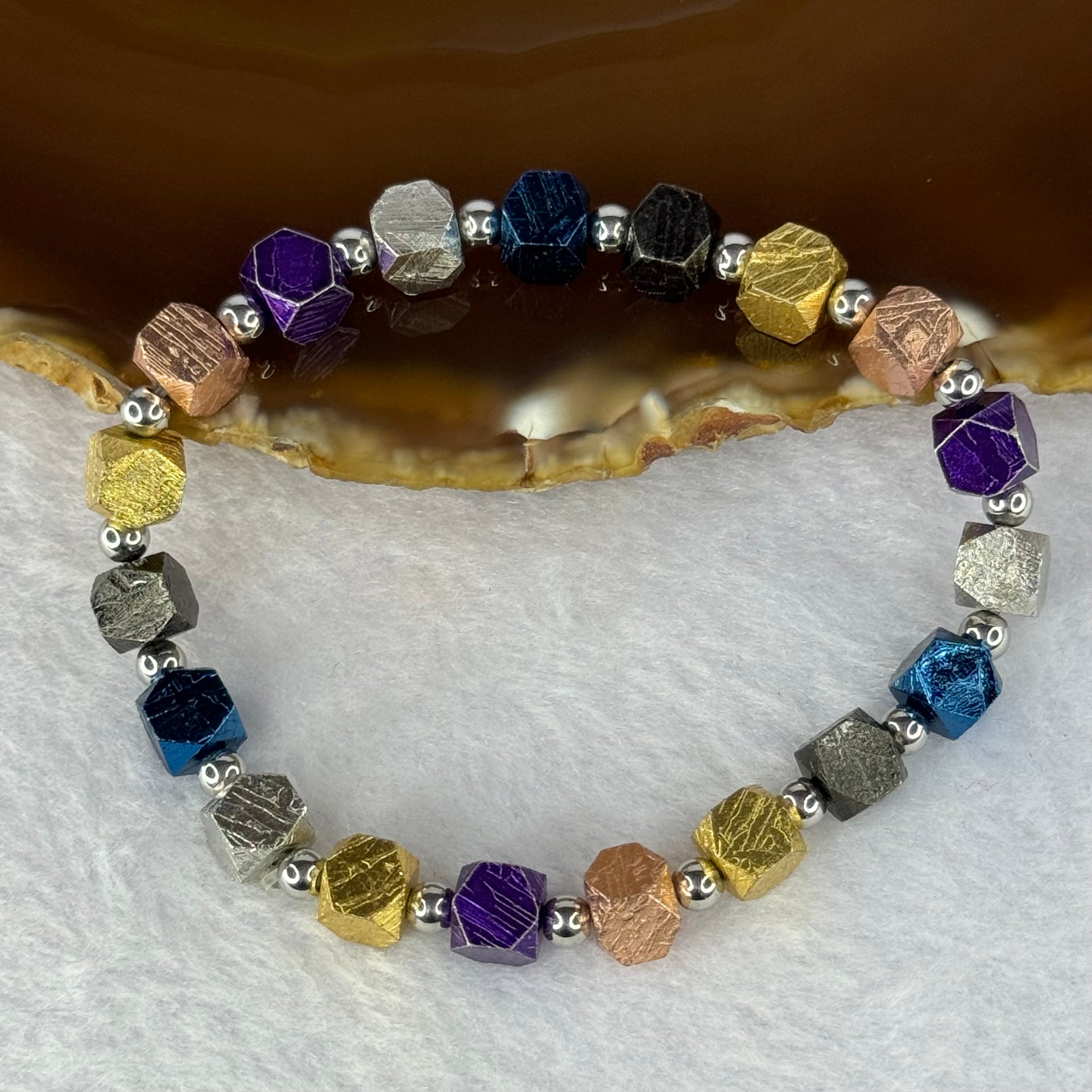 Natural Meteorite in Multi Color Blocks with Mini Stainless Steel Beads Bracelet 天然天铁手链 6.4mm 16cm 19 pcs - Huangs Jadeite and Jewelry Pte Ltd