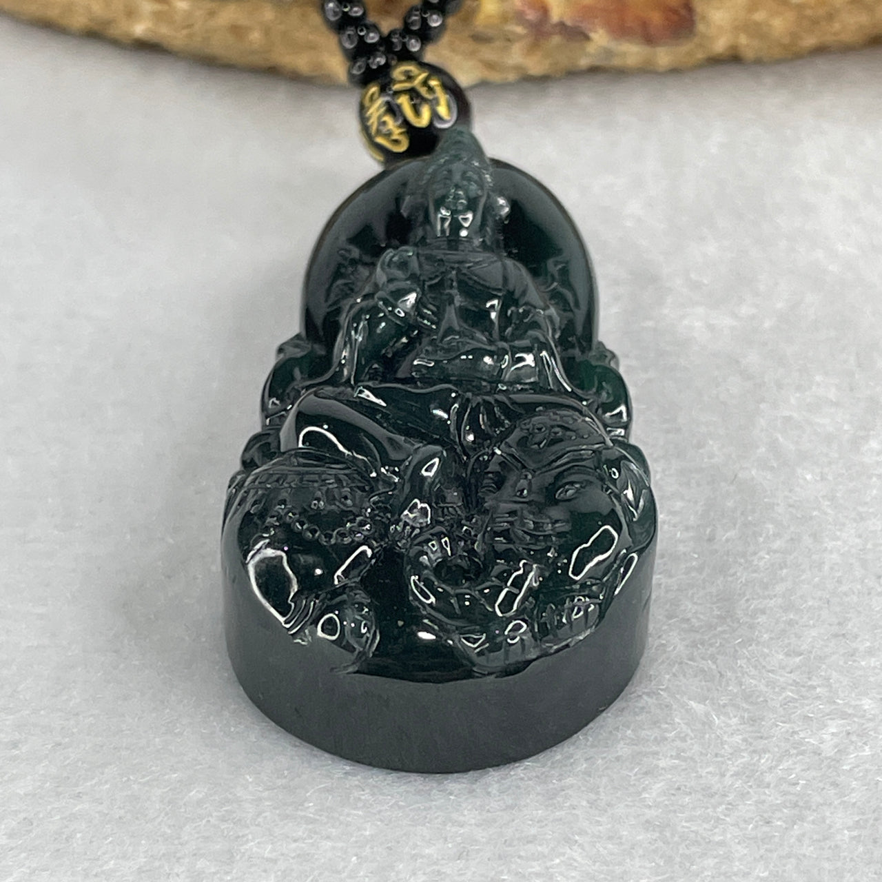 Certified Natural Type A Dark Blueish Green Jadeite Samantabhadra Bodhisattva Guan Yin on Elephant and Lotus Flower Pendant56.47g 49.1 by 24.5 by 12.0mm