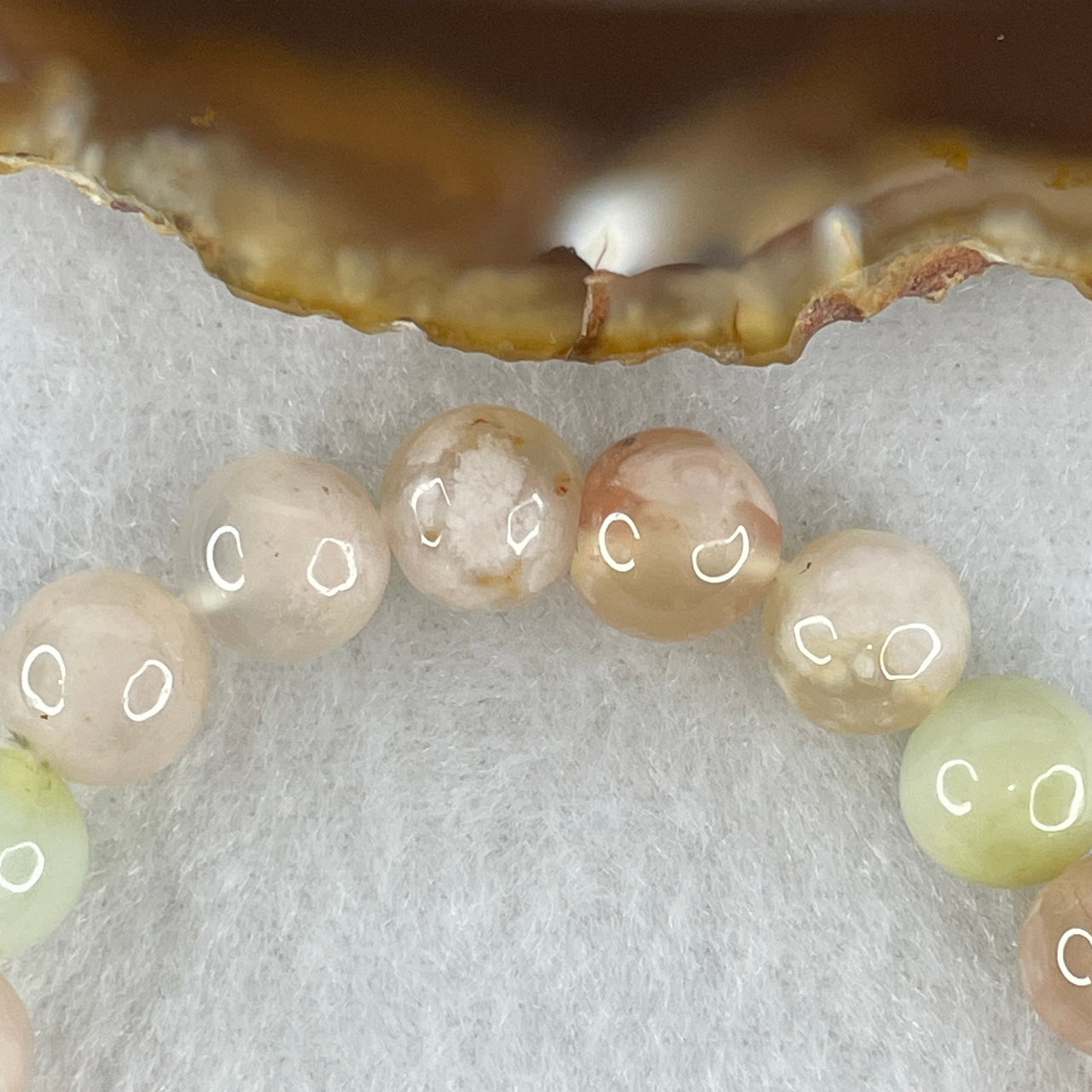 Natural Faint Pink & Green Flower Agate Bead Bracelet | Untreated Cherry Blossom Agate Stretch Bracelet (19.36g | 16cm Wrist | 8.8mm | 23 Beads)