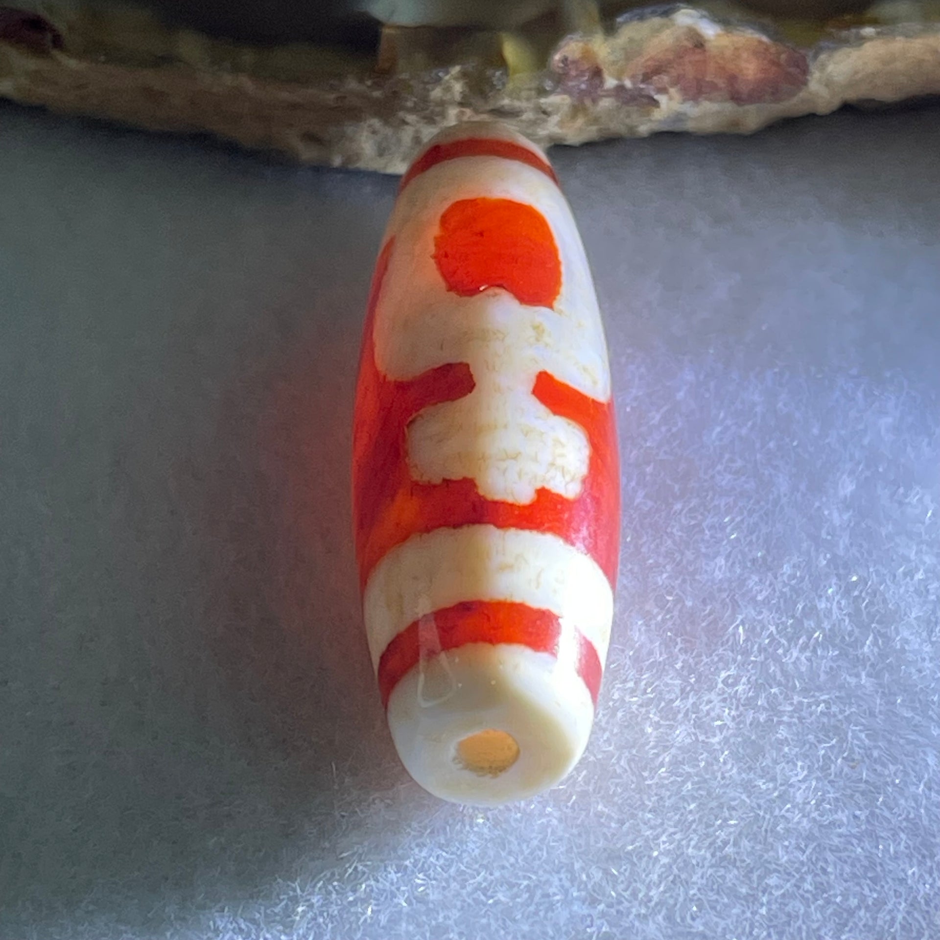 Natural Powerful Tibetan Old Oily Red White Agate 2 Nectar Vessel Dzi Bead Heavenly Master (Tian Zhu) 花蜜容器天珠 8.00g 37.9 by 11.9mm - Huangs Jadeite and Jewelry Pte Ltd