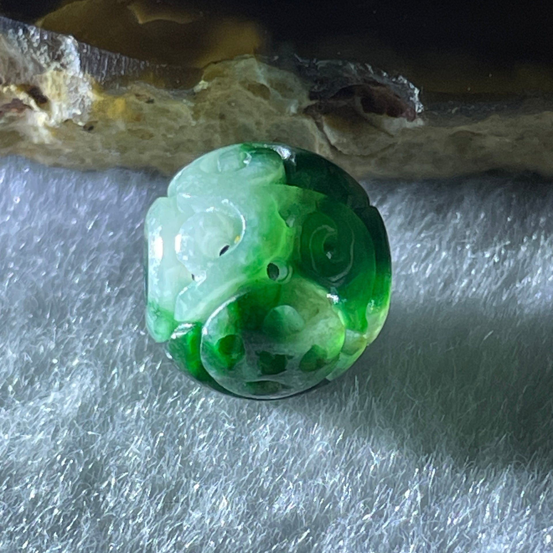 Natural Type A Lao Keng Old Mine Green with Light Green Jadeite Flora Carving Bead Charm 1.37g 11.4mm - Huangs Jadeite and Jewelry Pte Ltd